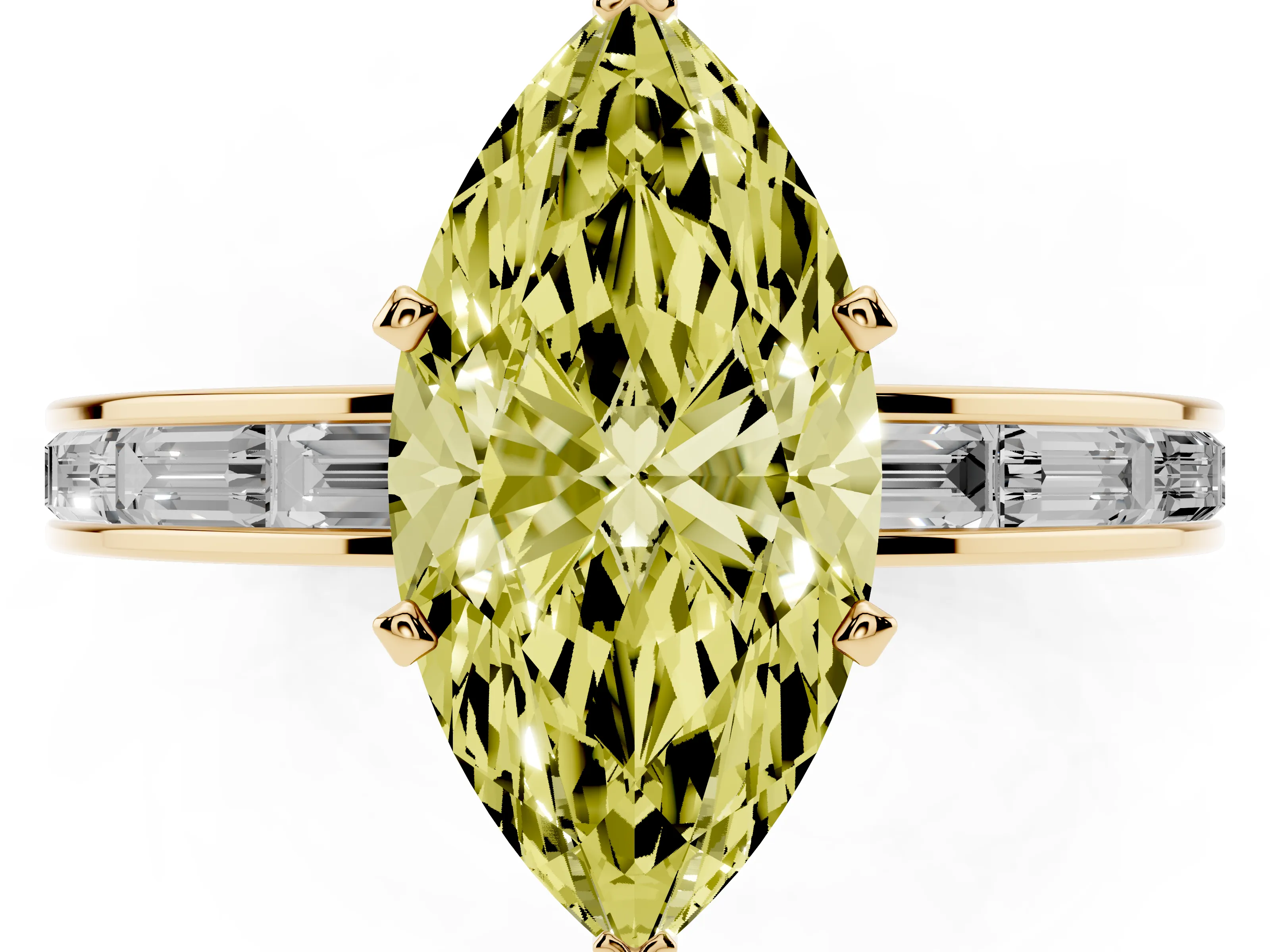 Fancy Yellow Marquise Cut Diamond Solitaire Ring Set in Yellow gold with Channel-Set Baguette Band and Prong Setting