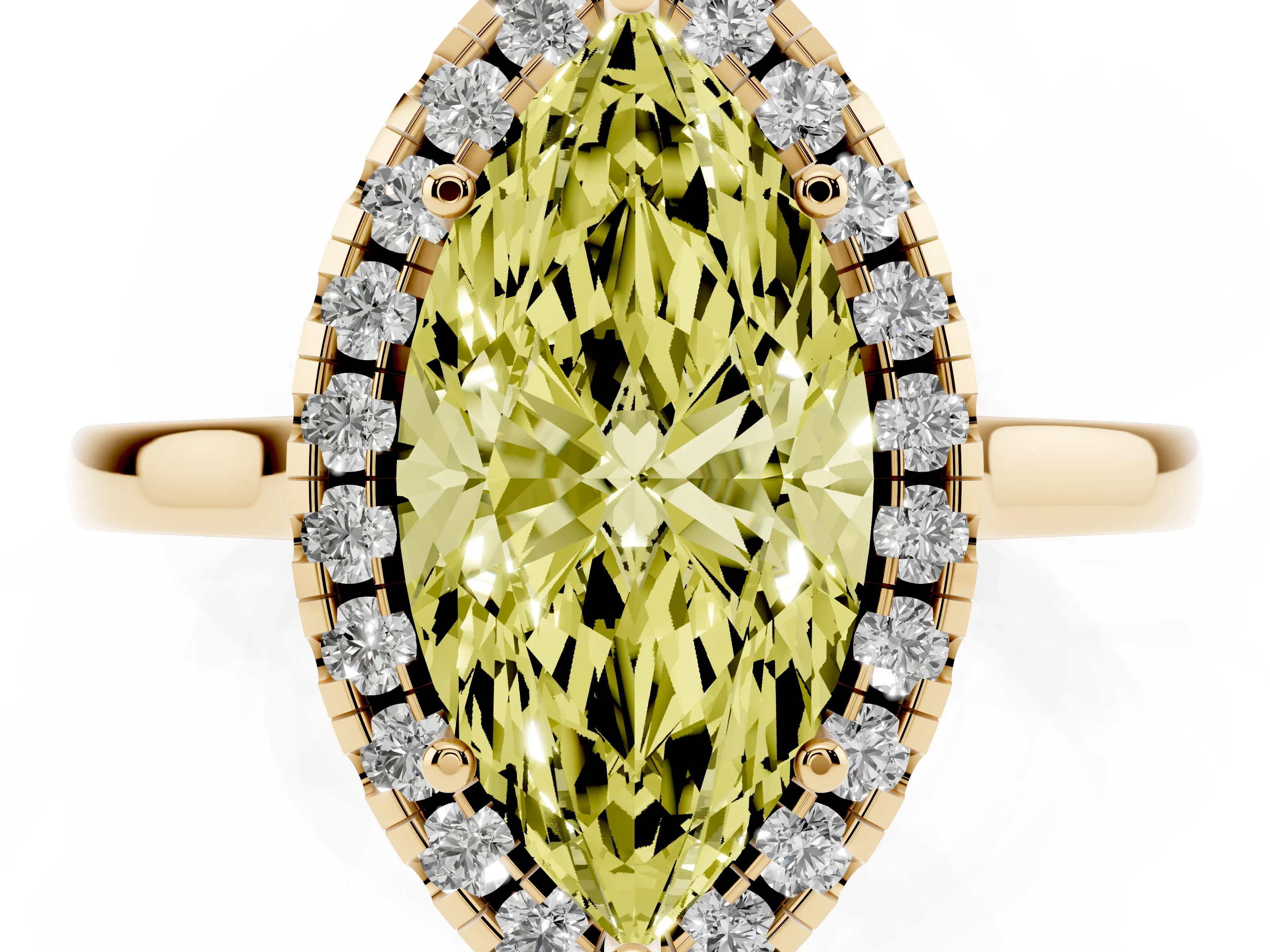 Fancy Yellow Marquise Cut Halo Round Diamond Solitaire Ring Set in Yellow gold with Pavé Band and Prong Setting