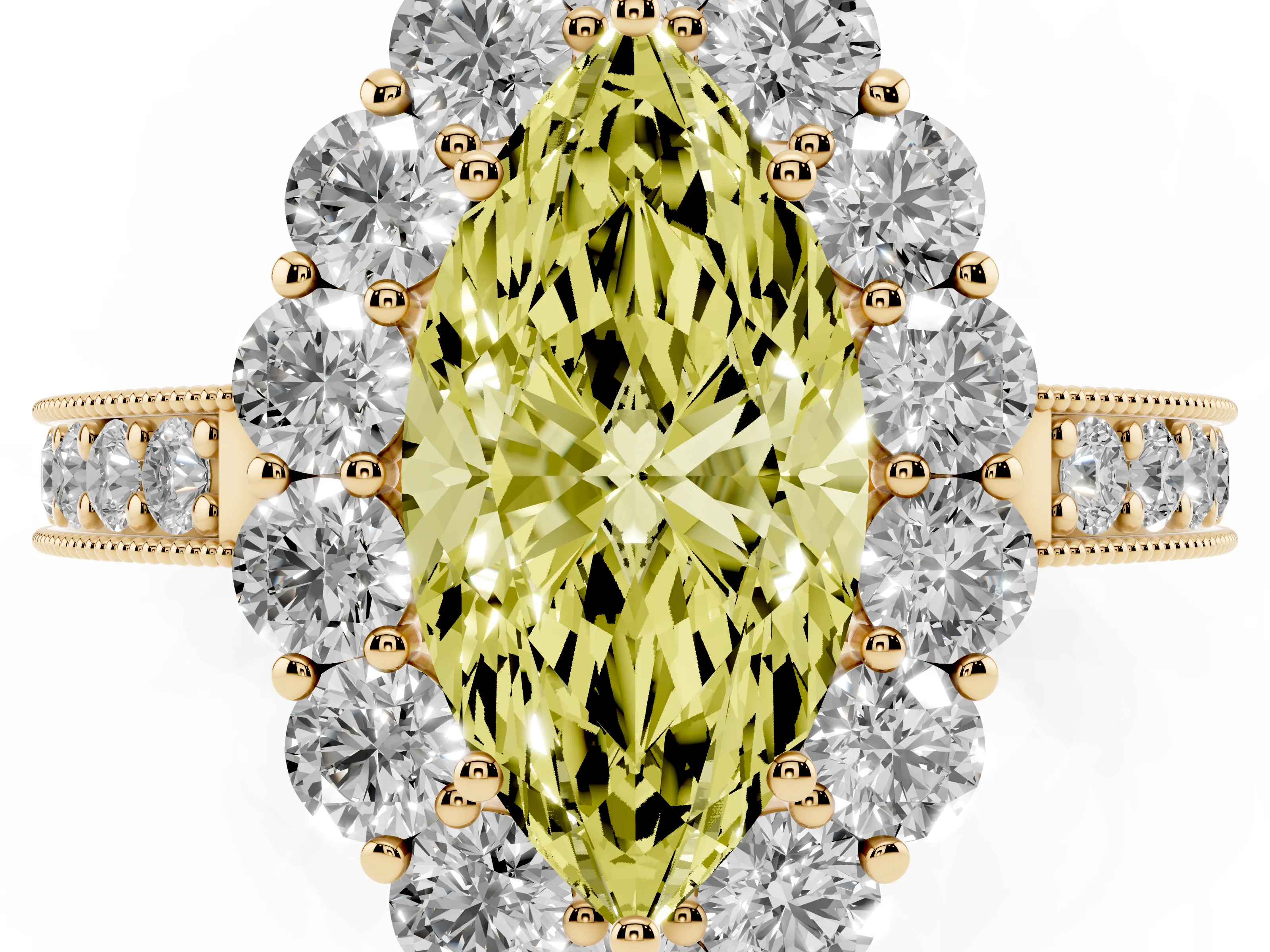 Fancy Yellow Marquise Cut Diamond Halo Pavé Engagement Ring Set in Yellow gold with Milgrain Detailing