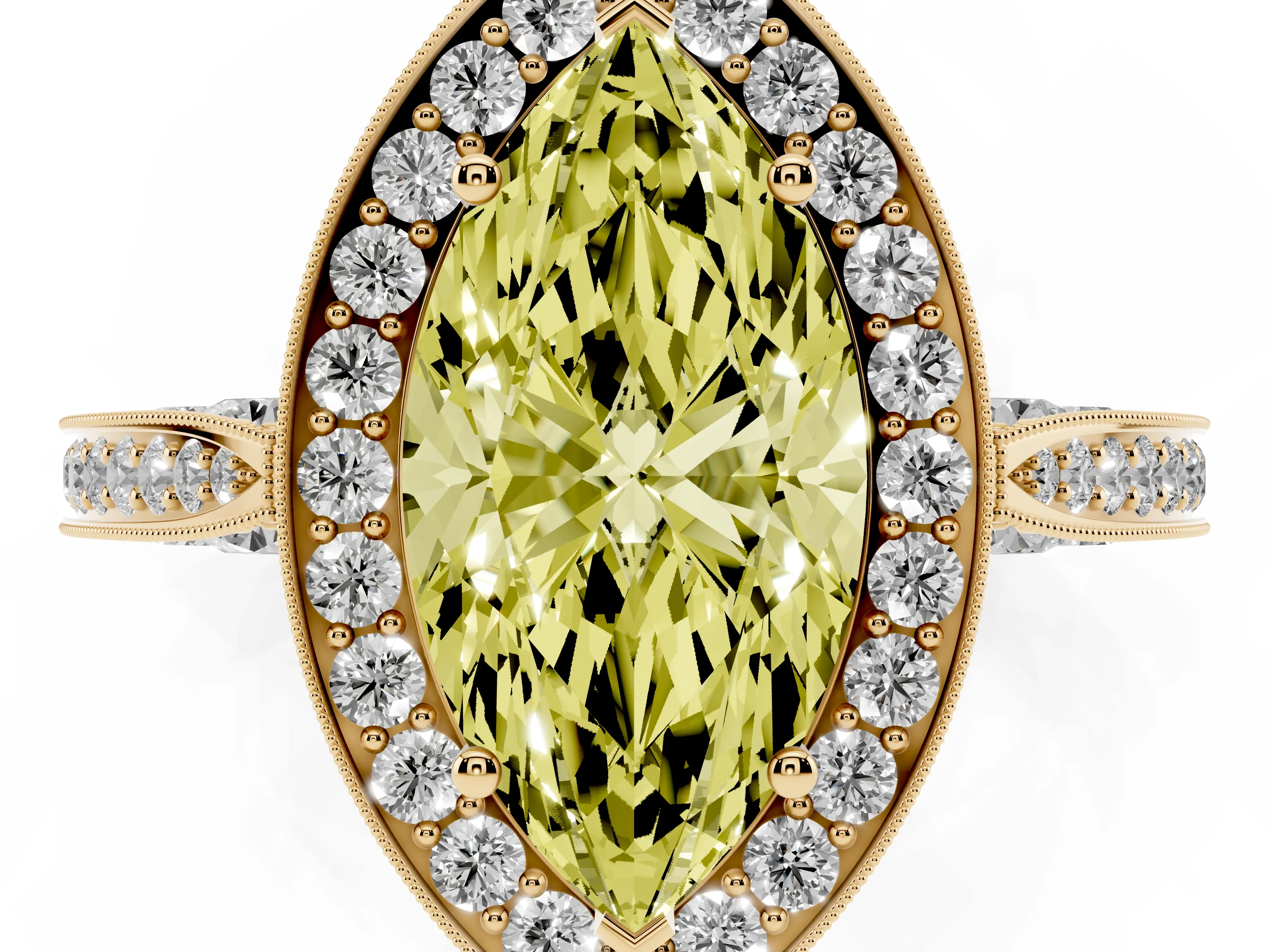 Fancy Yellow Marquise Cut Diamond Halo Engagement Ring Set in Yellow gold with Accent Split Shank Band