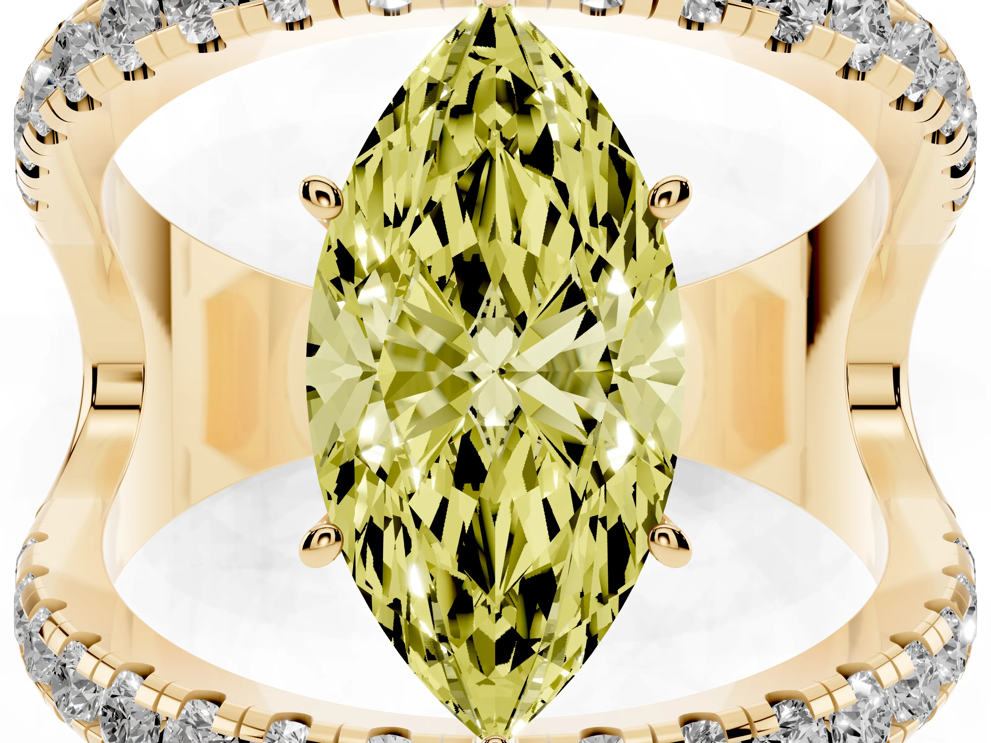 Fancy Yellow Marquise Cut Diamond Split Shank Pavé Solitaire Ring Set in Yellow gold with Open Shank Design