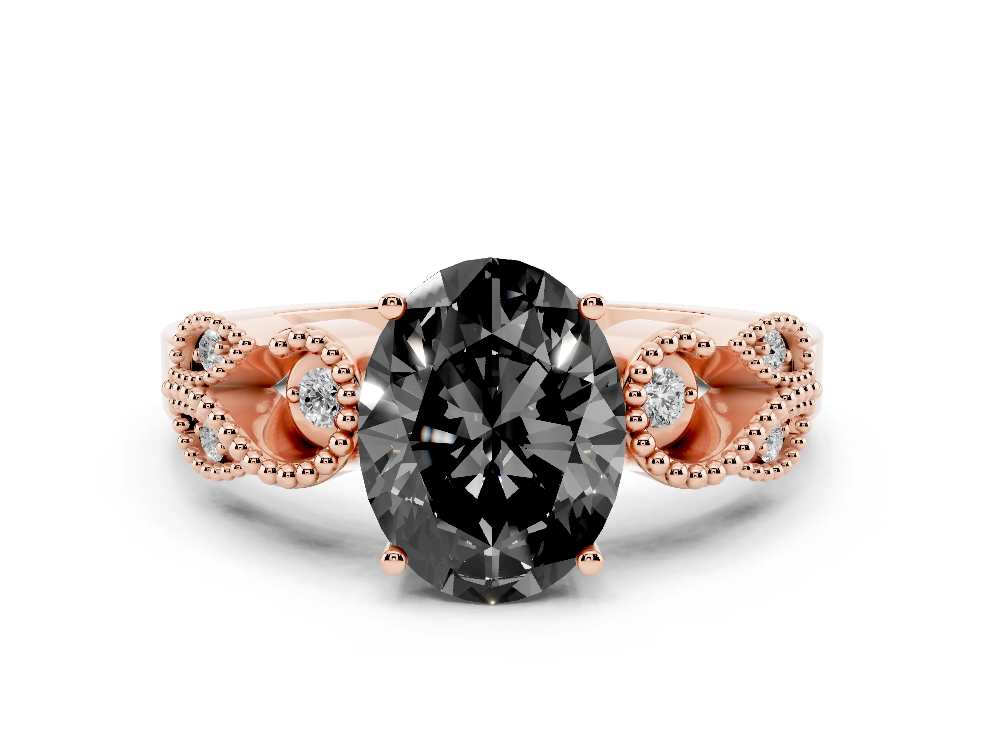 Fancy Black Oval Cut Diamond Milgrain Leaf Band Solitaire Ring Set in Rose gold with Accent Stones and Prong Setting