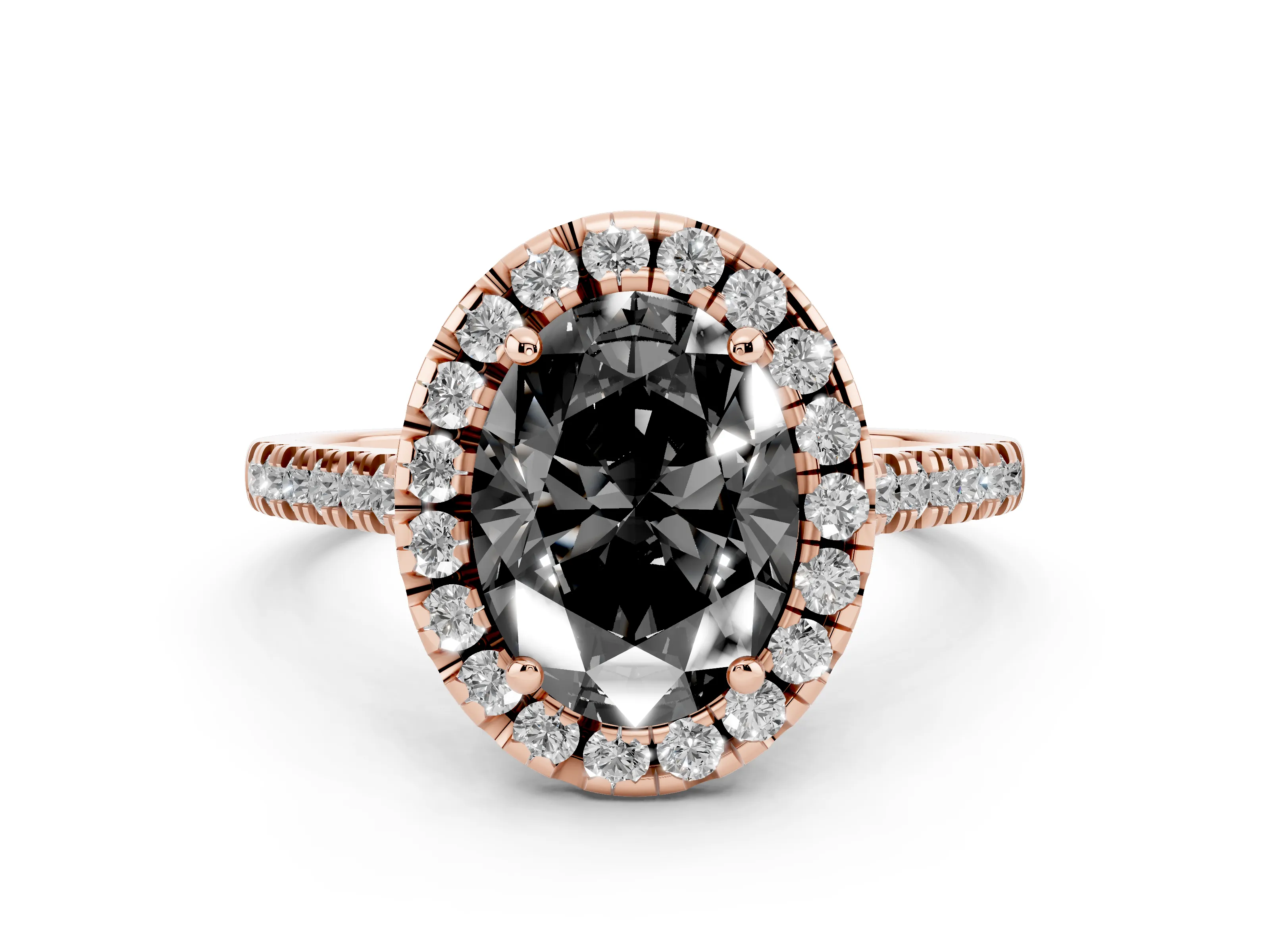 Fancy Black Oval Cut Diamond Cushion Halo Ring Set in Rose gold with Pavé Band