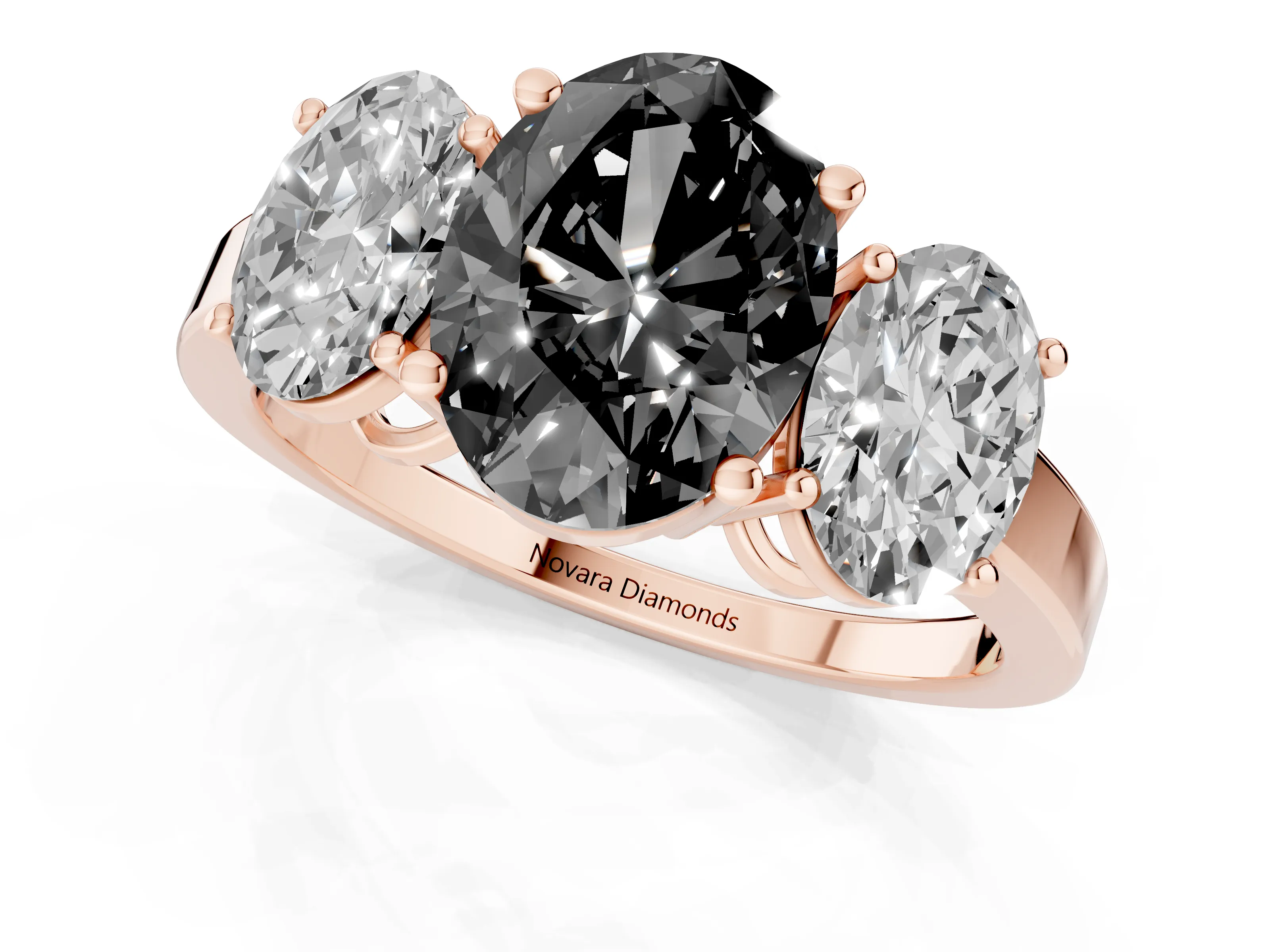 Fancy Black Oval Cut Diamond Three-Stone Engagement Ring Set in Rose gold with Flat Band