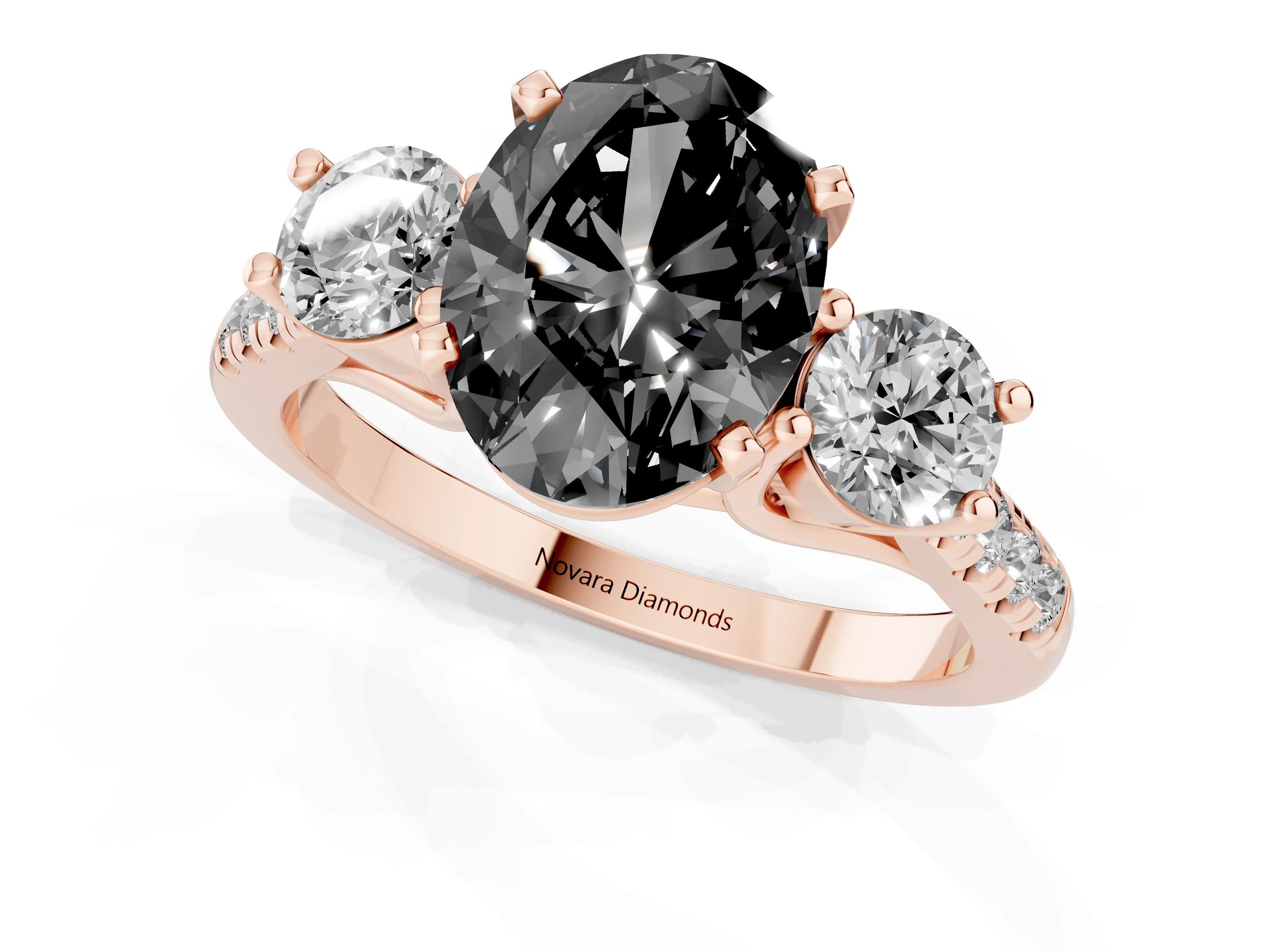 Fancy Black Three-Stone Oval Cut Diamond Pavé Band Ring Set in Rose gold with Prong-Set Trio