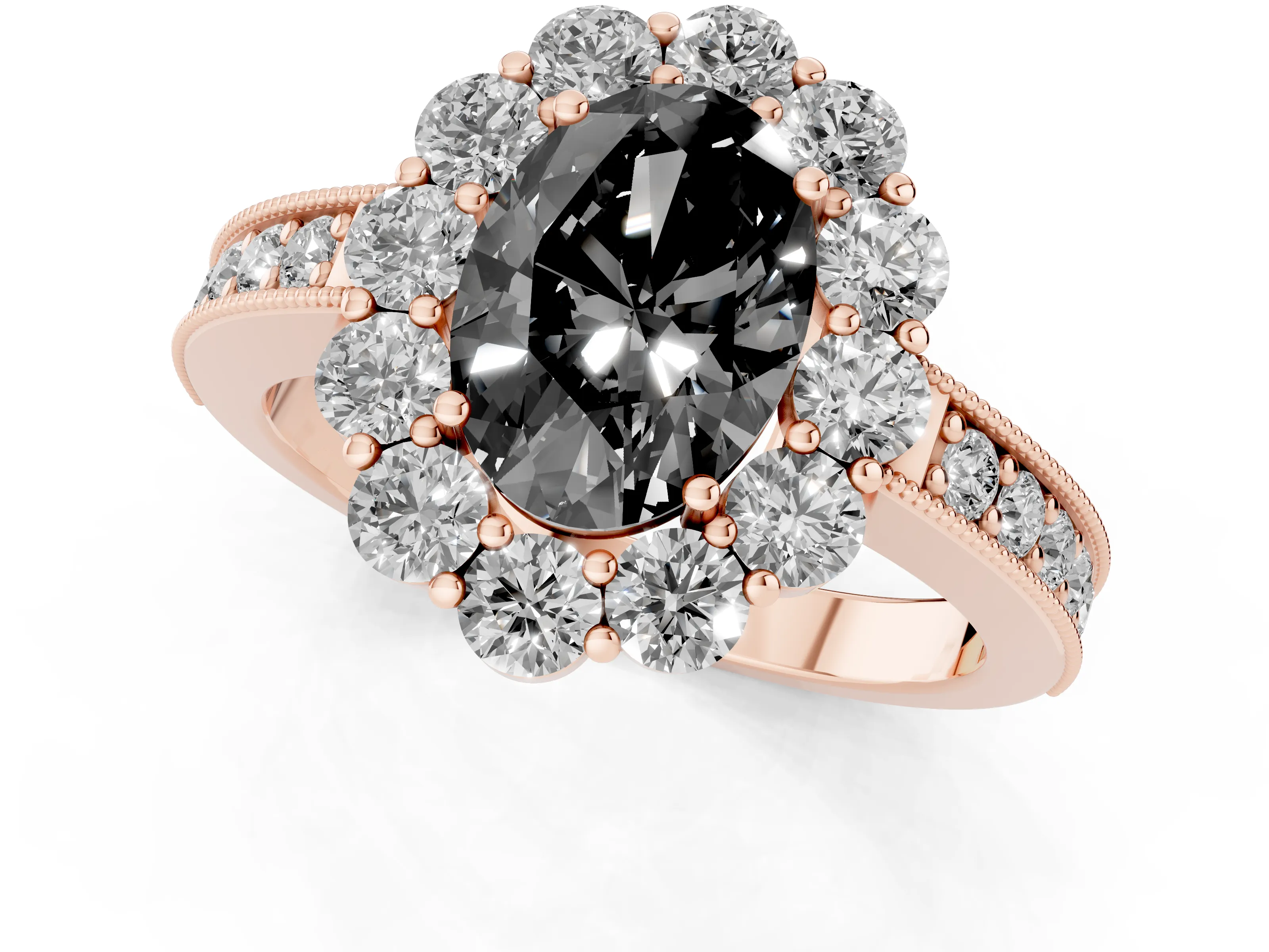 Fancy Black Oval Cut Diamond Halo Pavé Engagement Ring Set in Rose gold with Milgrain Detailing