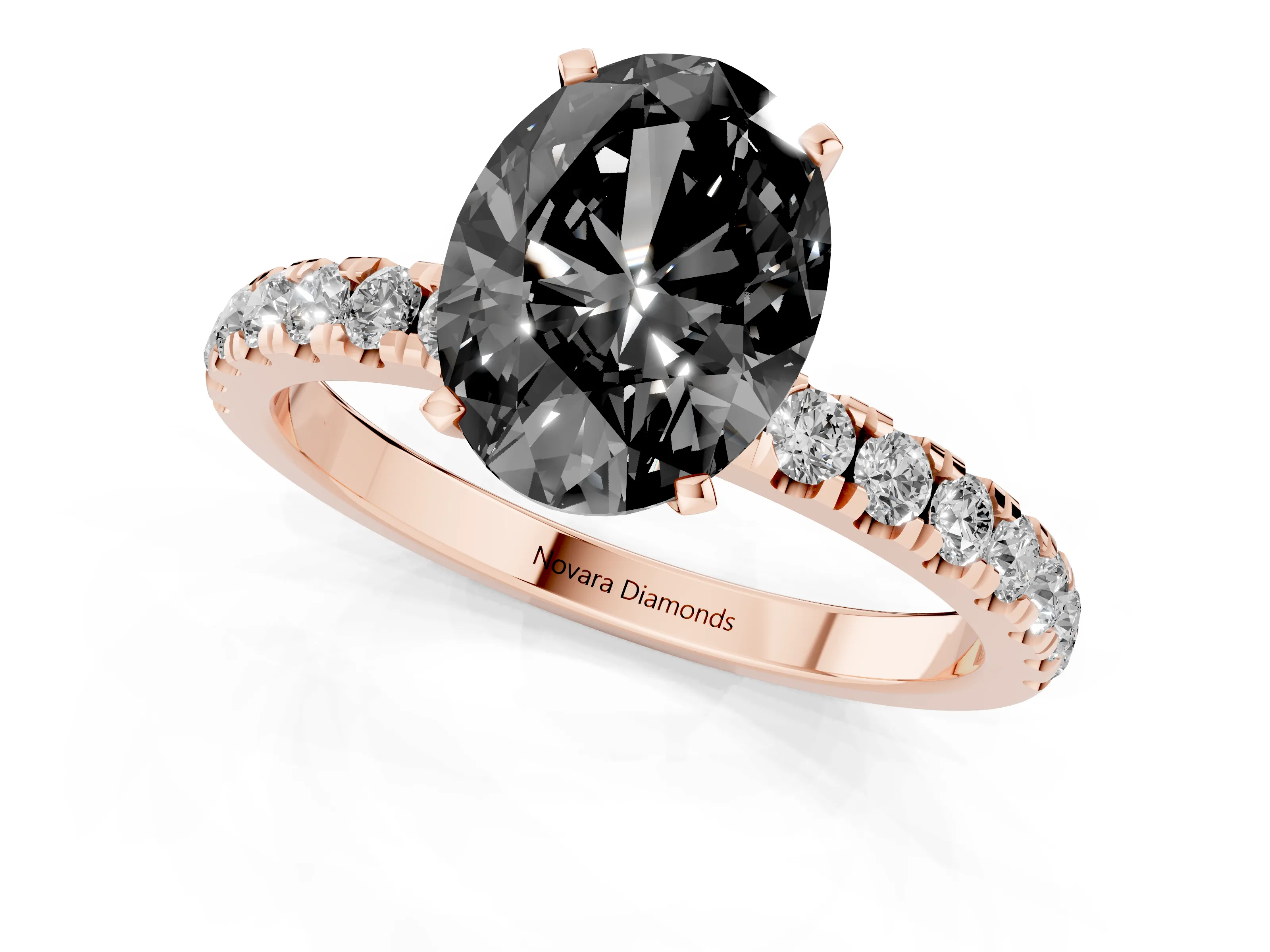 Fancy Black Oval Cut Diamond Solitaire Ring Set in Rose gold with Pavé Accents and Prong Setting