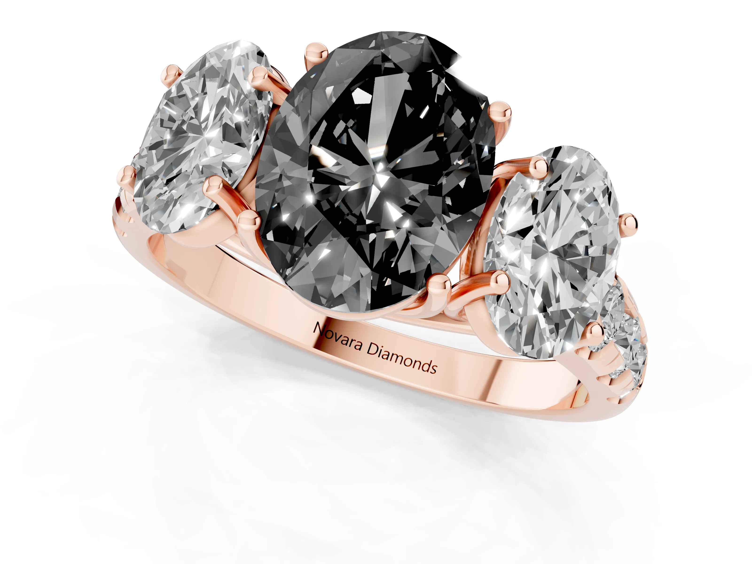 Fancy Black Oval Cut Diamond Three-Stone Ring Set in Rose gold with Pavé Band