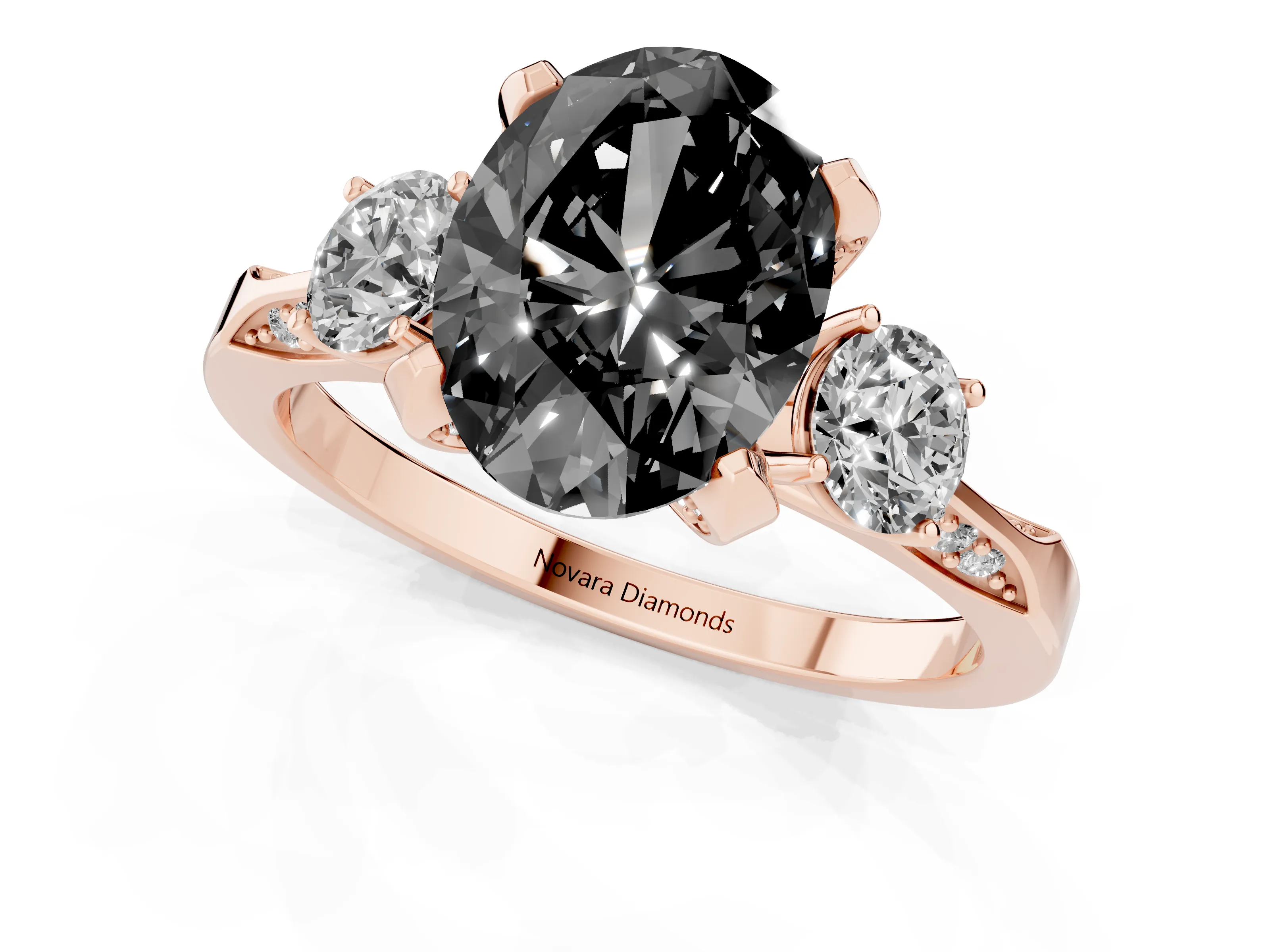 Fancy Black Oval Cut Diamond Three-Stone Ring Set in Rose gold with Pavé Band and Smaller Side Stones