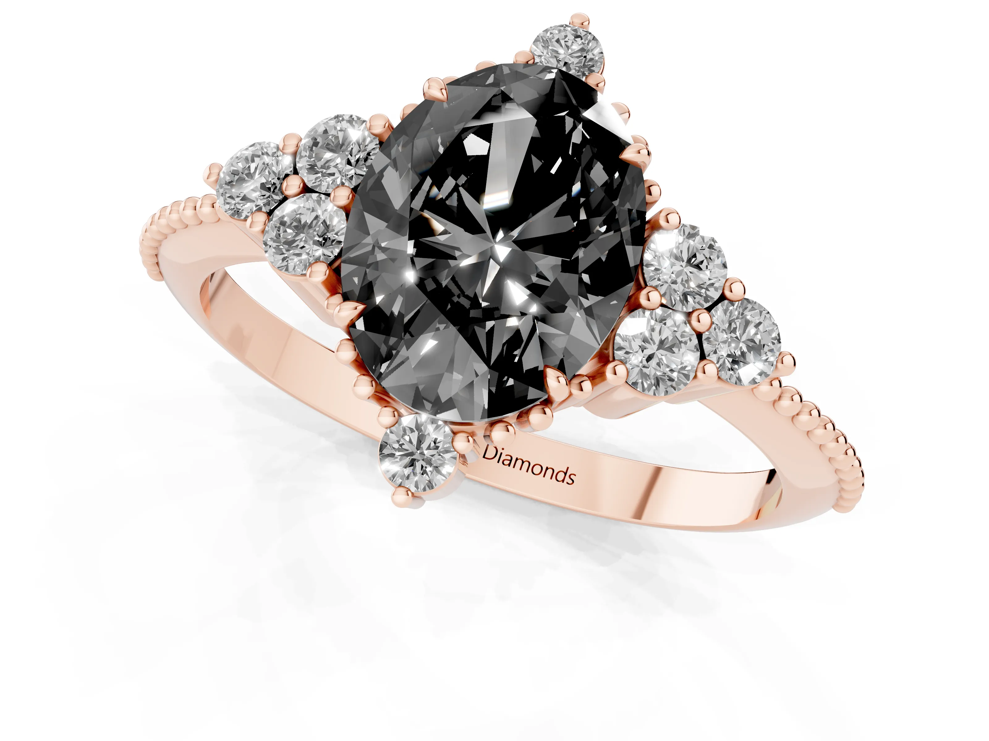 Fancy Black Oval Cut Diamond Cluster Ring Set in Rose gold with Beaded Band