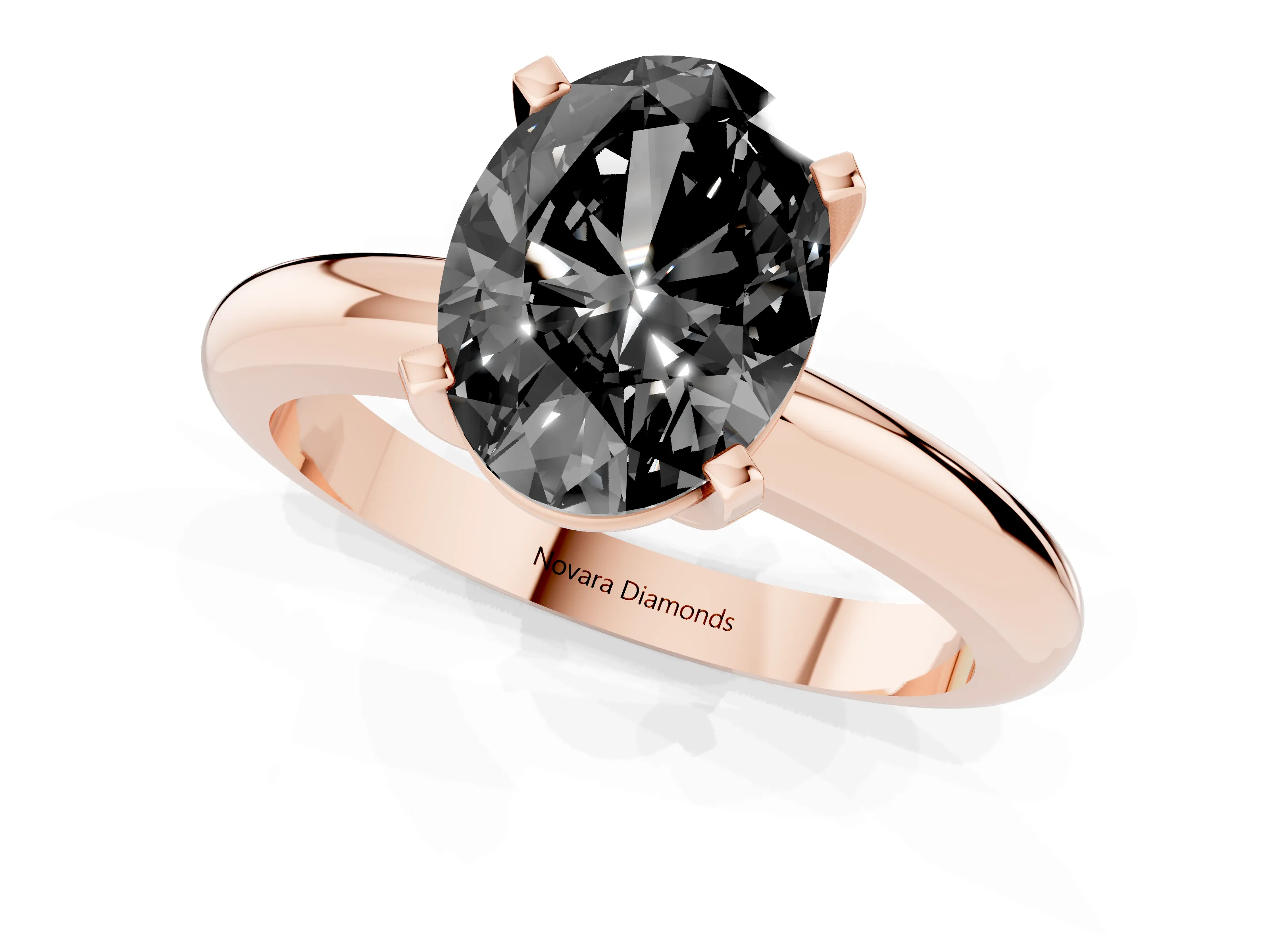 Fancy Black Oval Cut Diamond Solitaire Engagement Ring Set in Rose gold with Round Band and Prong Setting