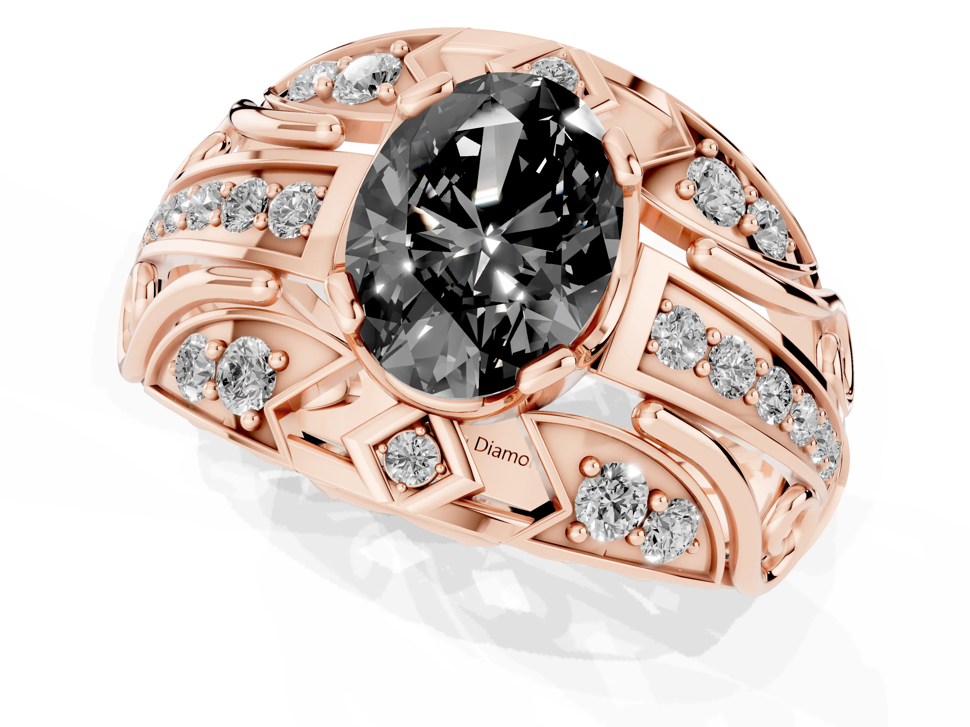 Fancy Black Oval Cut Diamond Art Deco Ring Set in Rose gold with Pavé Split Shank