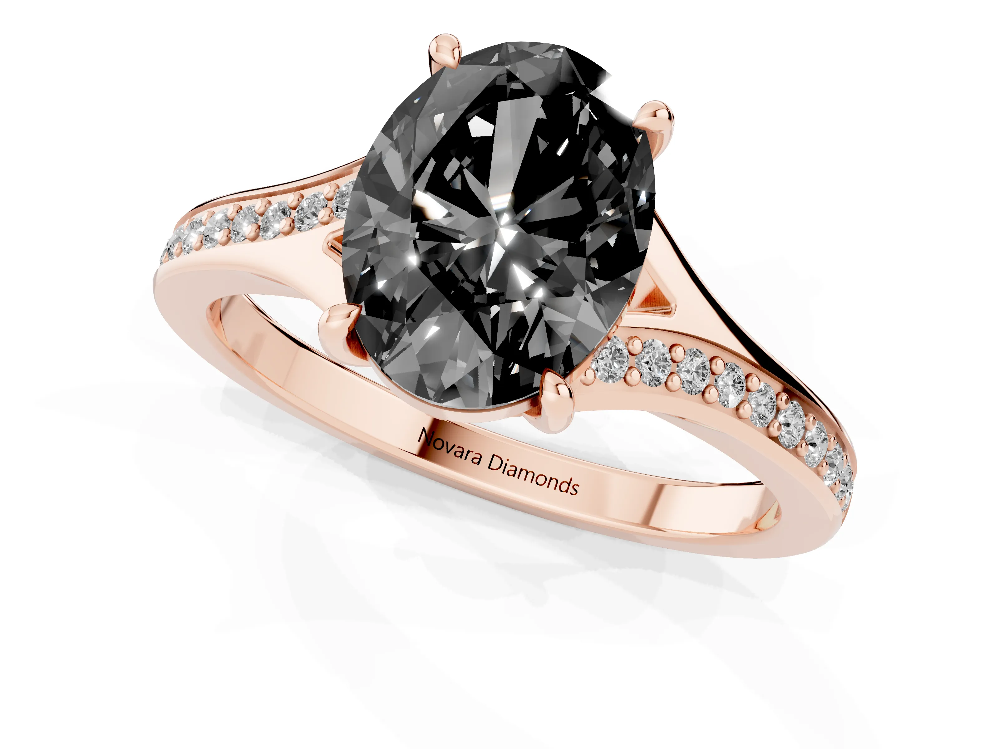 Fancy Black Oval Cut Diamond Solitaire Ring Set in Rose gold with Pavé Accent Band and Classic Prong Setting