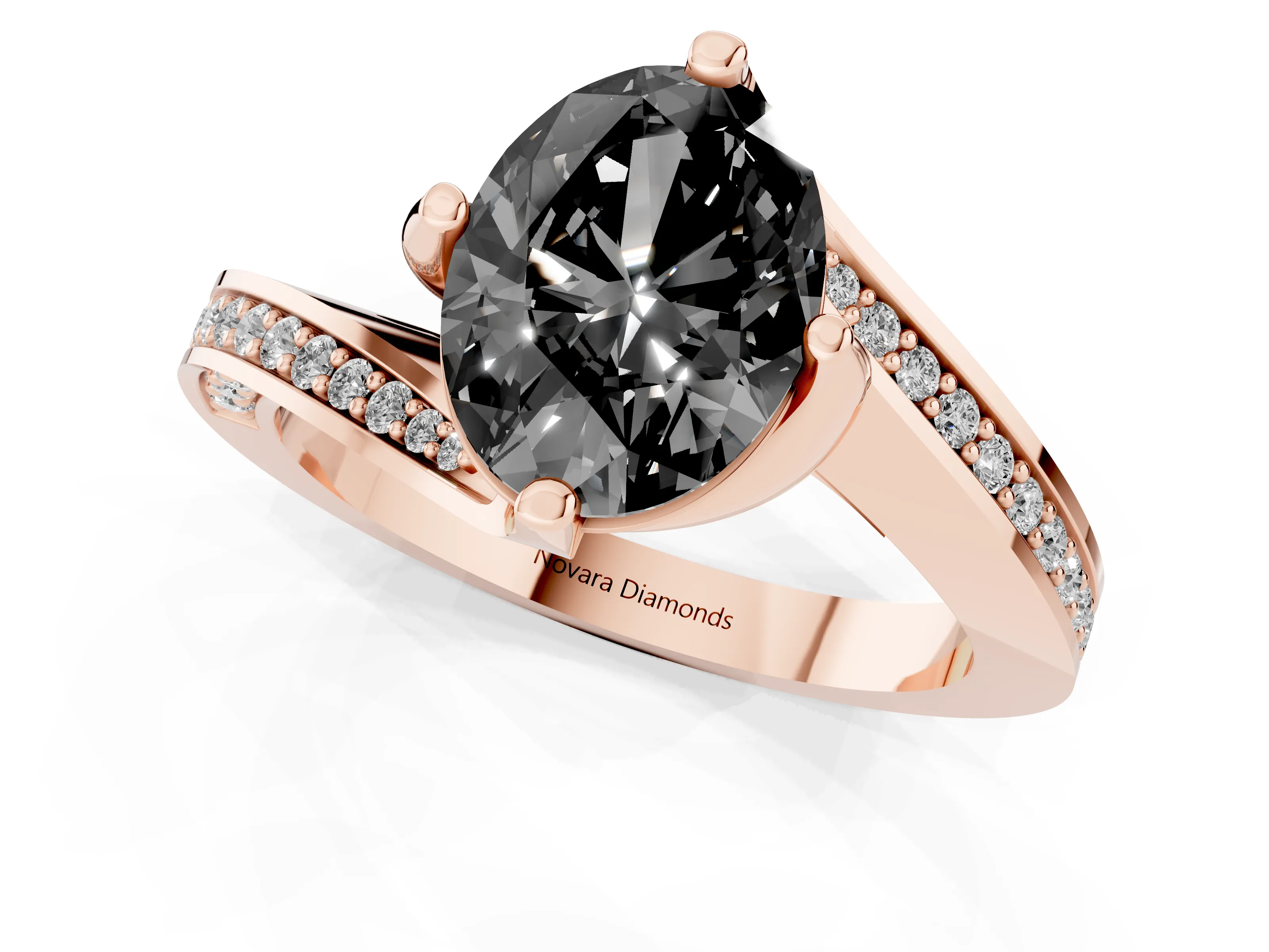 Fancy Black Oval Cut Diamond Solitaire Ring Set in Rose gold with Intertwined Pavé Twist Band