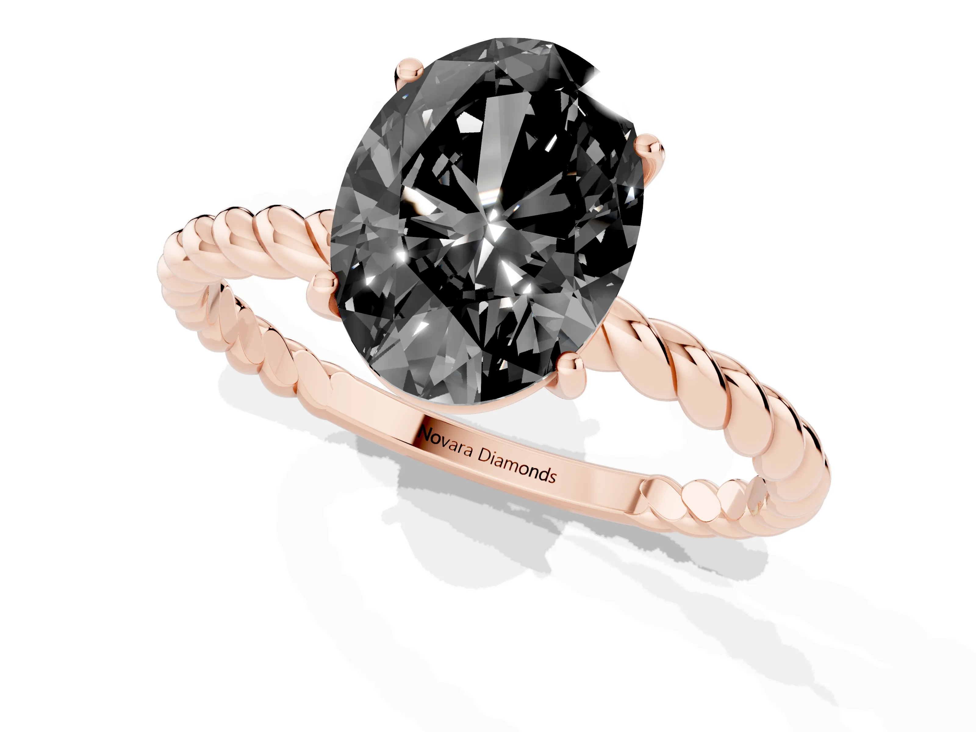 Fancy Black Oval Cut Diamond Solitaire Twisted Band Ring Set in Rose gold with Prong Solitaire Setting
