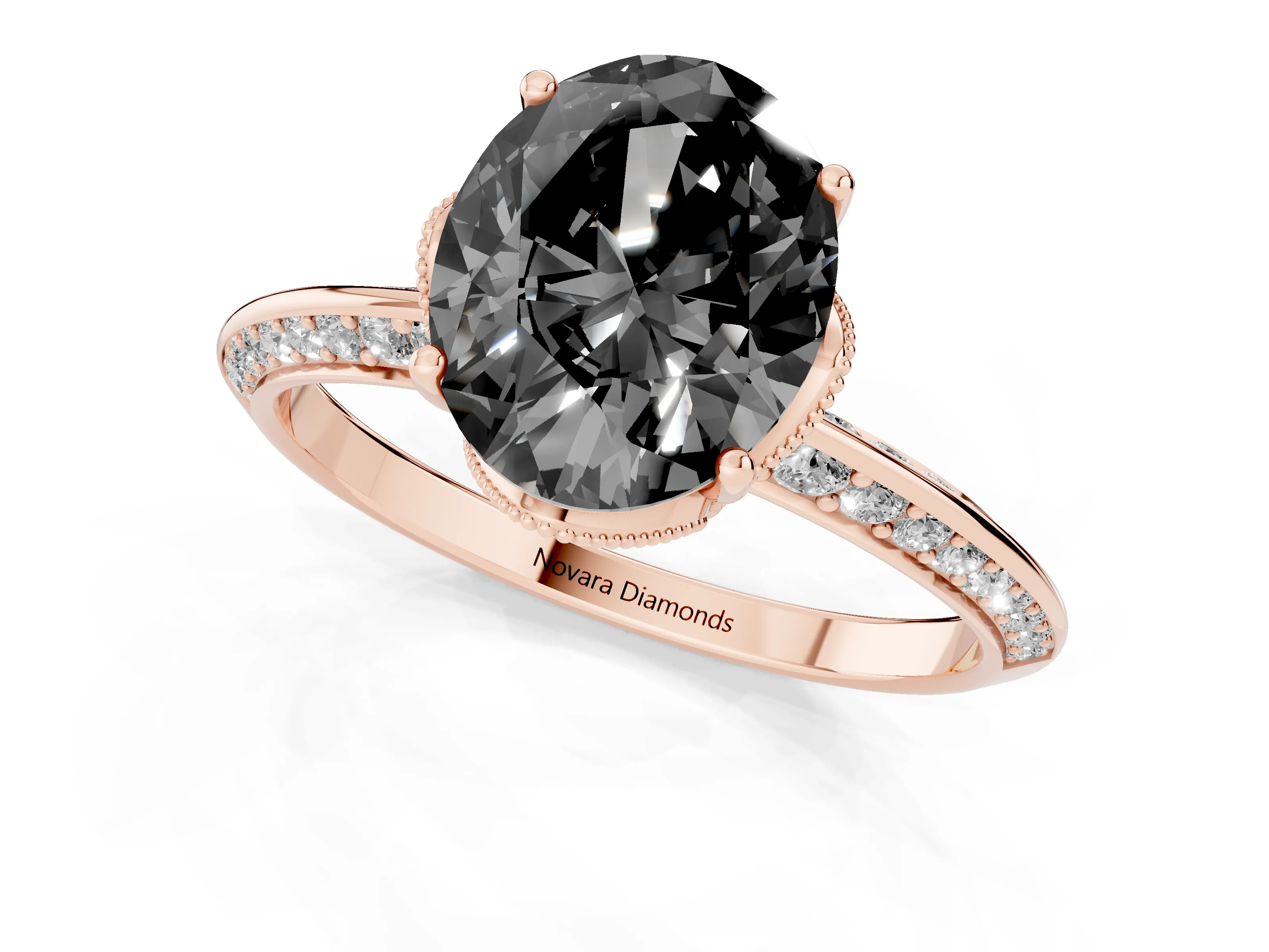Fancy Black Oval Cut Diamond Solitaire Engagement Ring Set in Rose gold with Pavé Split Shank and Prong Setting