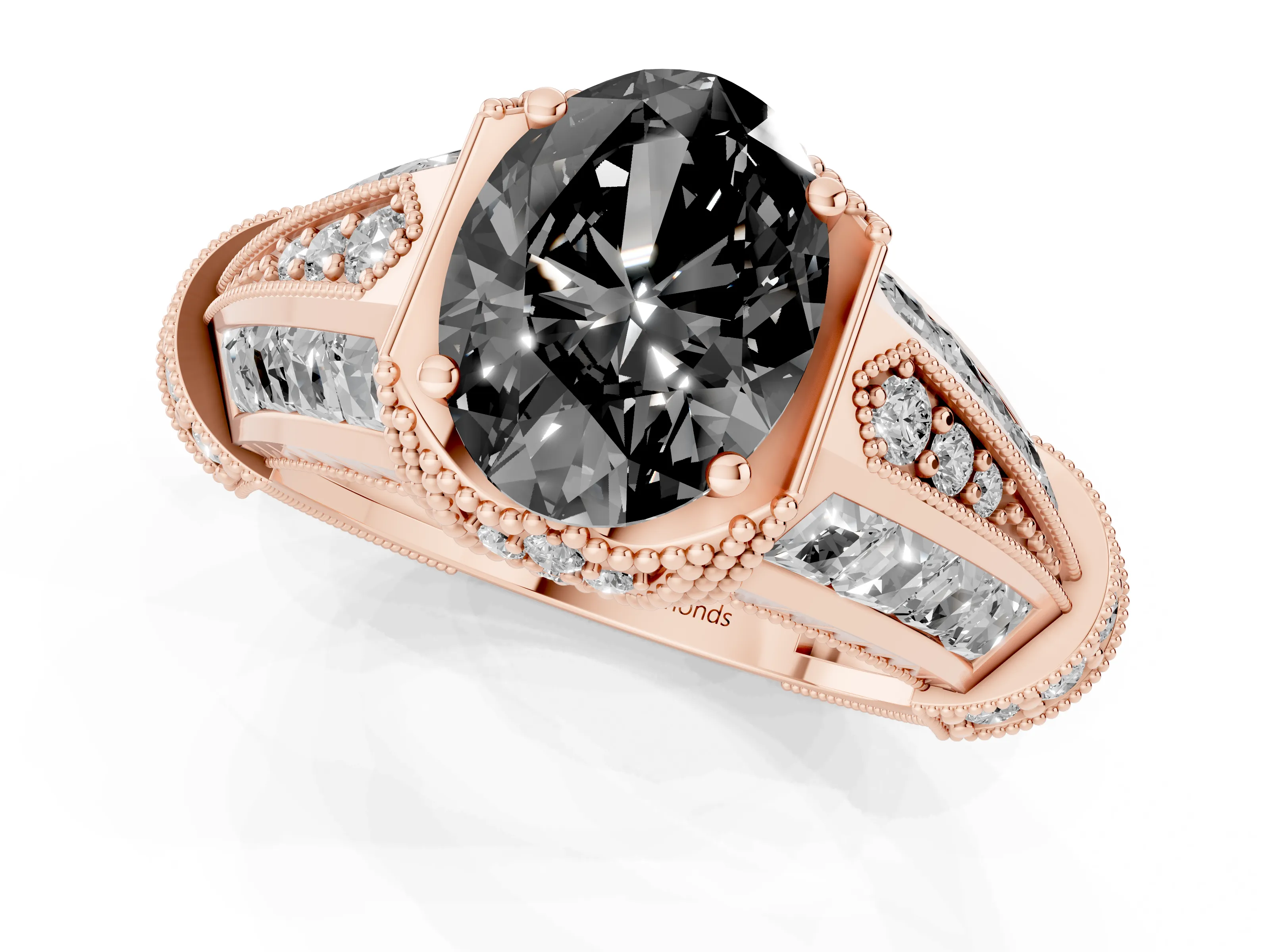 Fancy Black Oval Cut Diamond Vintage-Inspired Milgrain Ring Set in Rose gold with Accent Split Shank