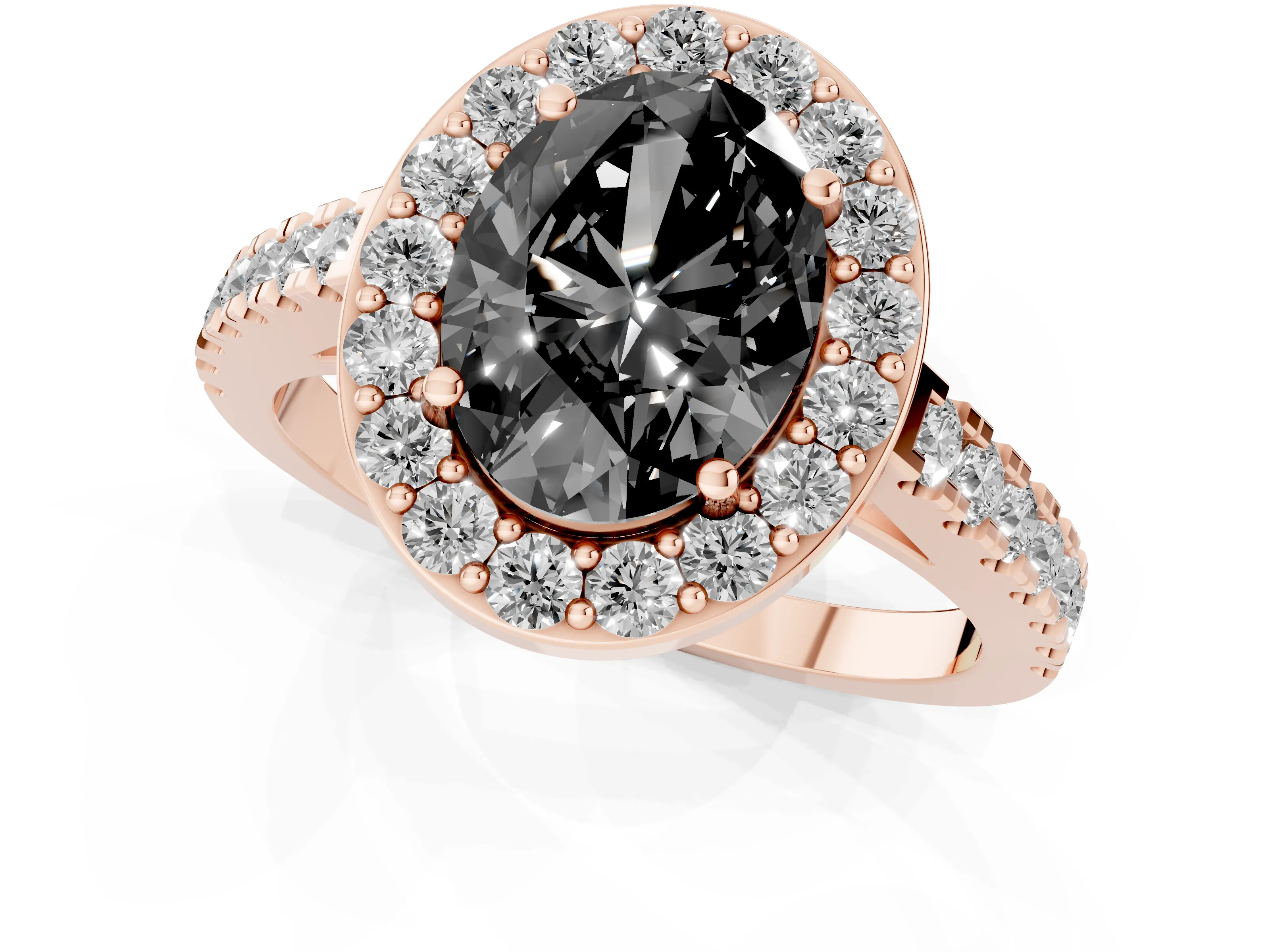 Fancy Black Oval Cut Diamond Halo Ring Set in Rose gold with Round Pavé Split Shank and Prong Setting