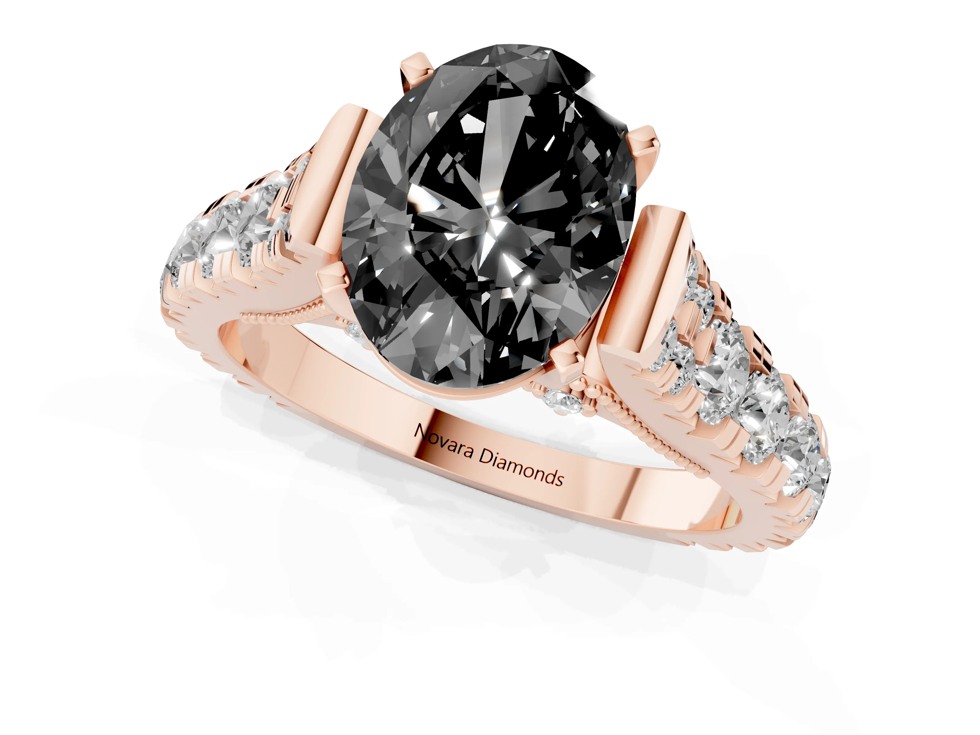 Fancy Black Oval Cut Diamond Classic Solitaire Ring Set in Rose gold with Pavé Band and Prong Setting