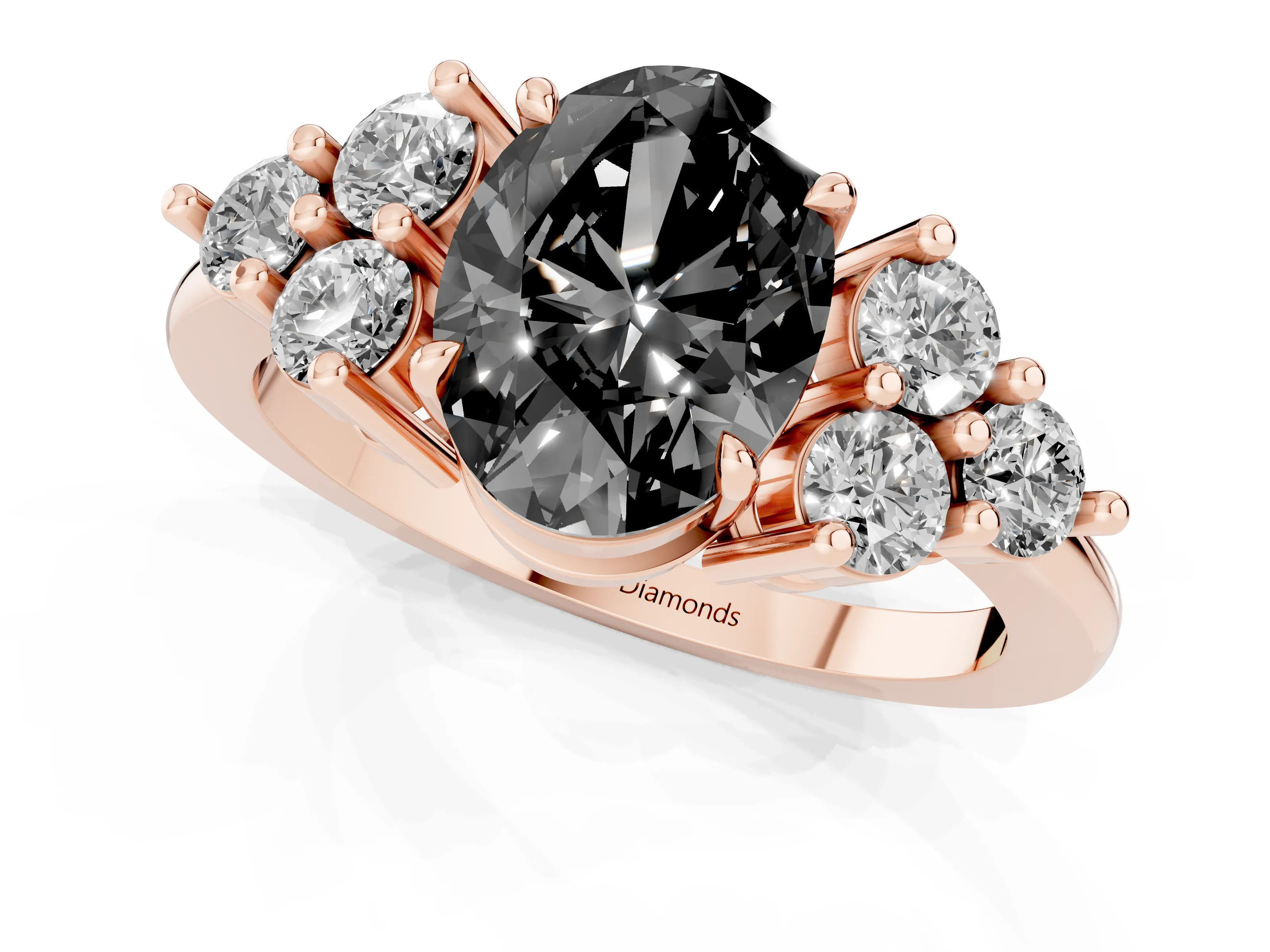 Fancy Black Oval Cut Diamond Solitaire Ring Set in Rose gold with Cluster Accents on Each Side