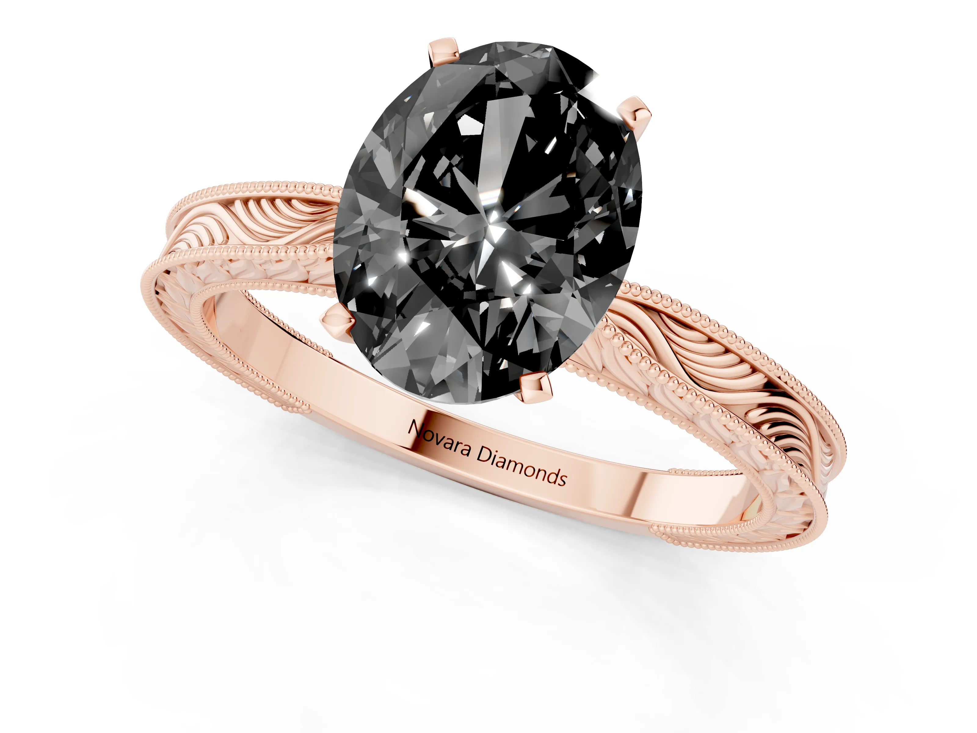 Fancy Black Oval Cut Diamond Solitaire Milgrain Engraved Band Set in Rose gold with Prong Setting