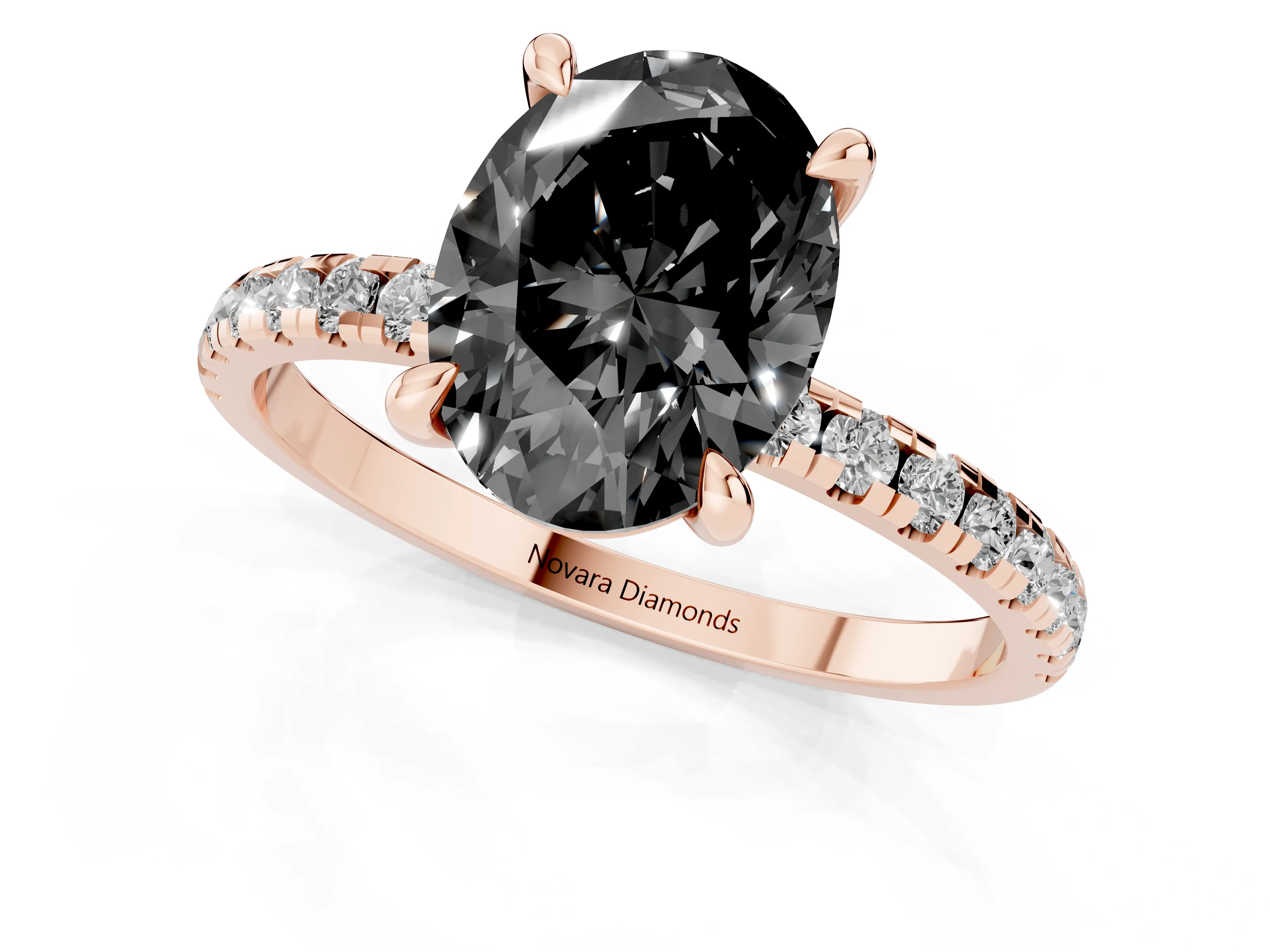 Fancy Black Oval Cut Diamond Brilliant Solitaire Ring Set in Rose gold with Pavé Band and Prong Setting