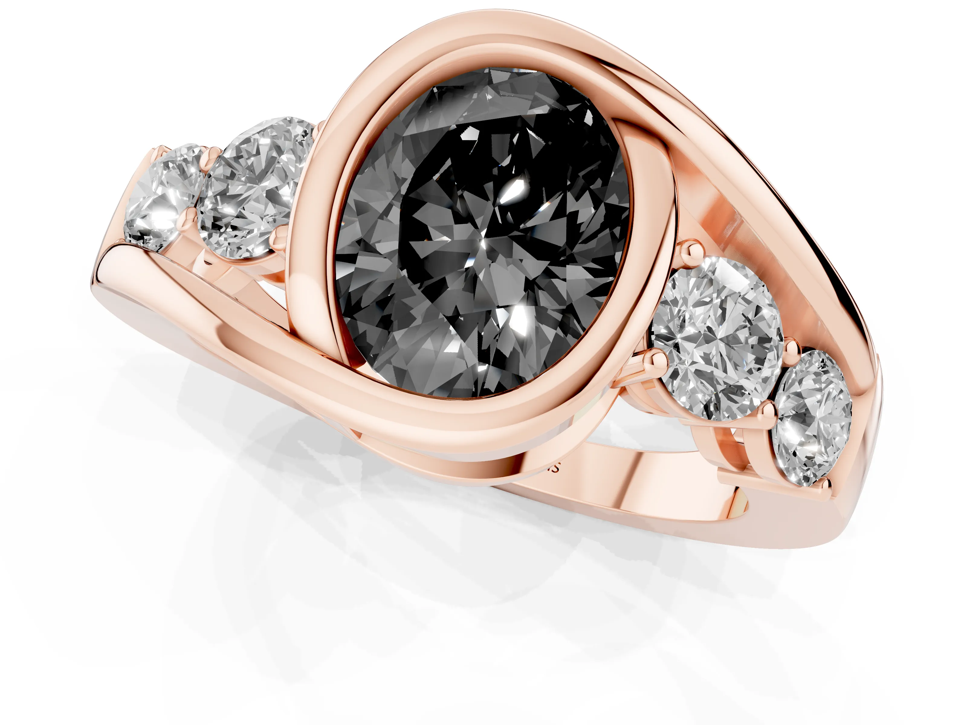 Fancy Black Oval Cut Diamond Bezel Bypass Ring Set in Rose gold with Round Accents