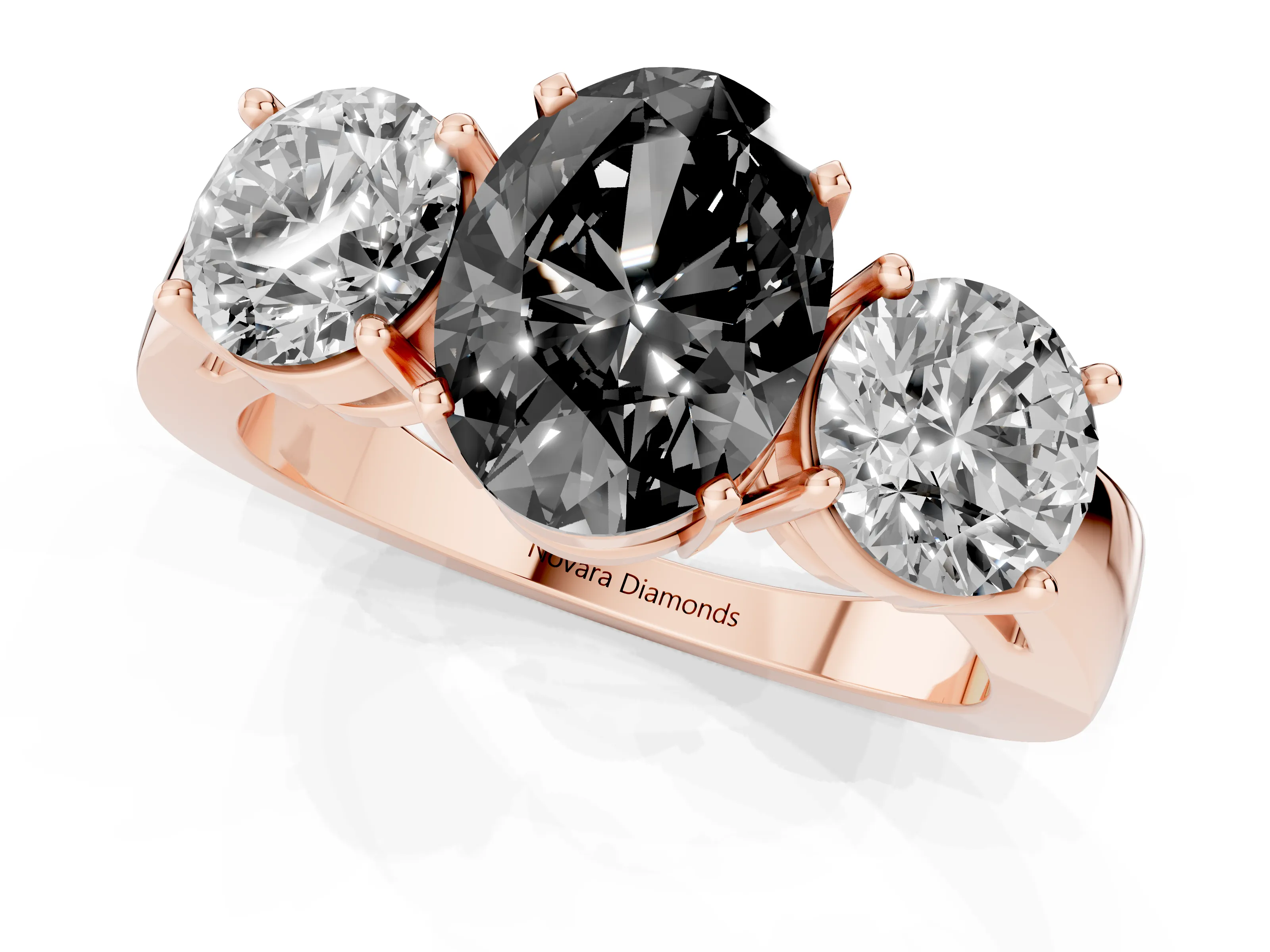 Fancy Black Oval Cut Diamond Three-Stone Ring Set in Rose gold with Round Side Stones and Classic Band