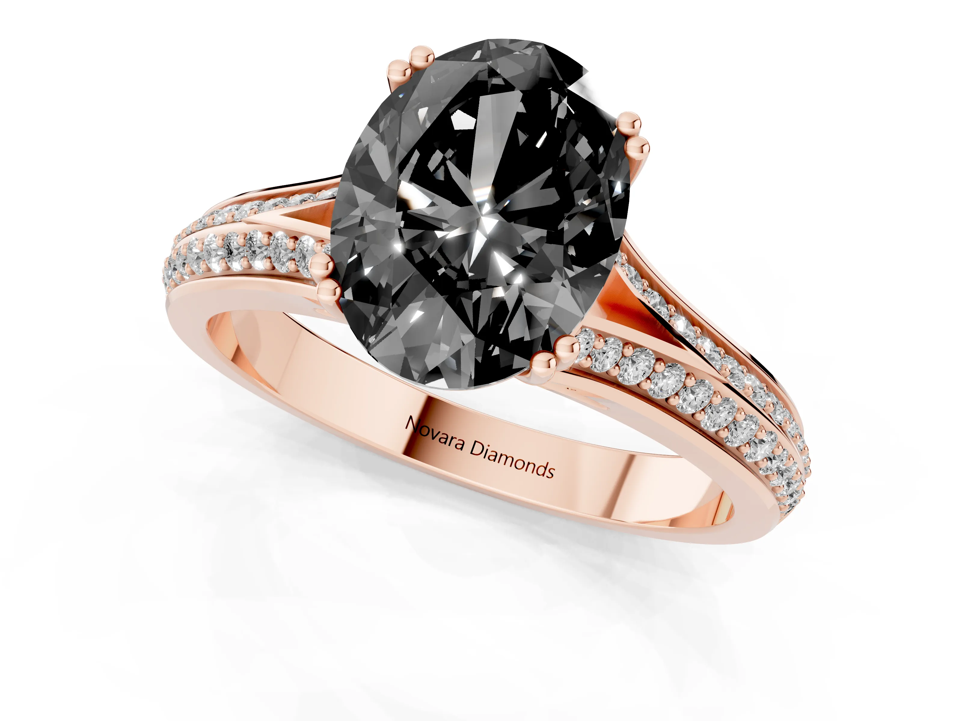 Fancy Black Oval Cut Diamond Split Shank Pavé Engagement Ring Set in Rose gold with Prong-Set Center Stone