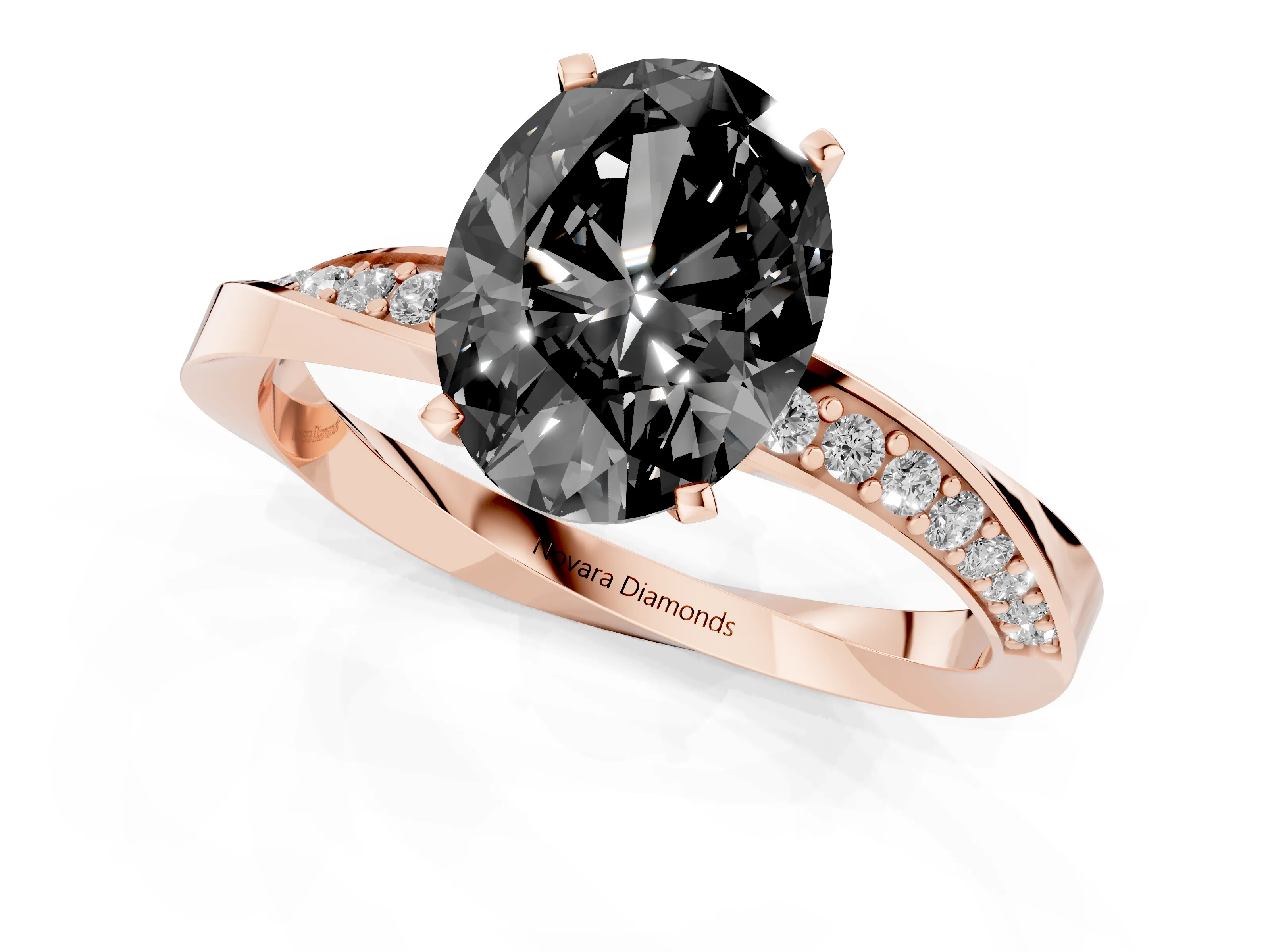 Fancy Black Oval Cut Diamond Engagement Ring Set in Rose gold with Side Stone Accents and Prong Setting