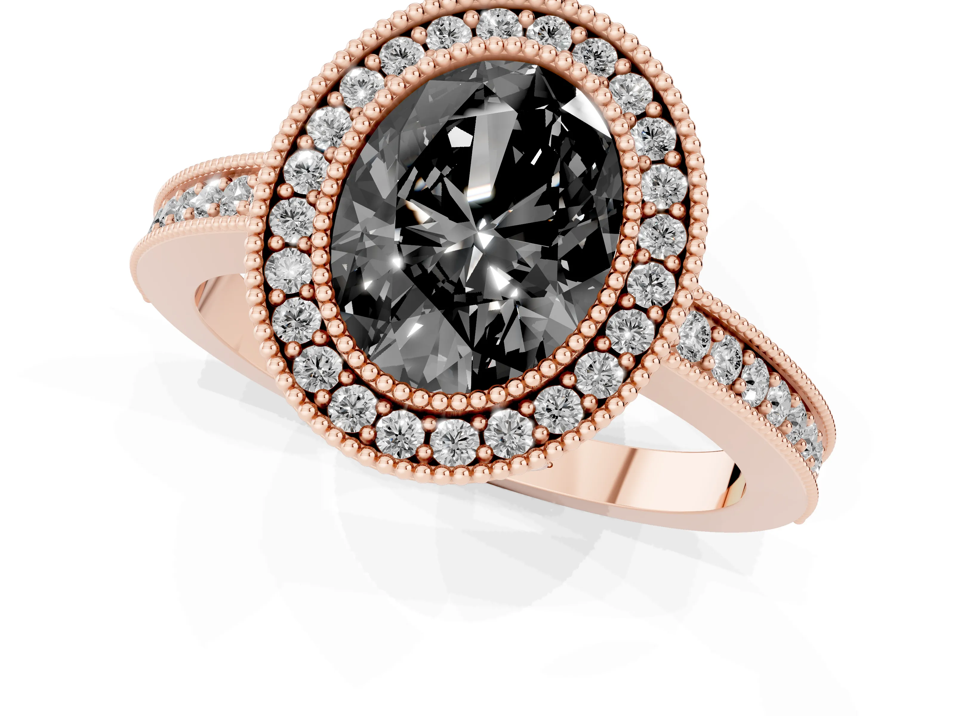 Fancy Black Oval Cut Diamond Round Halo Ring Set in Rose gold with Pavé Band