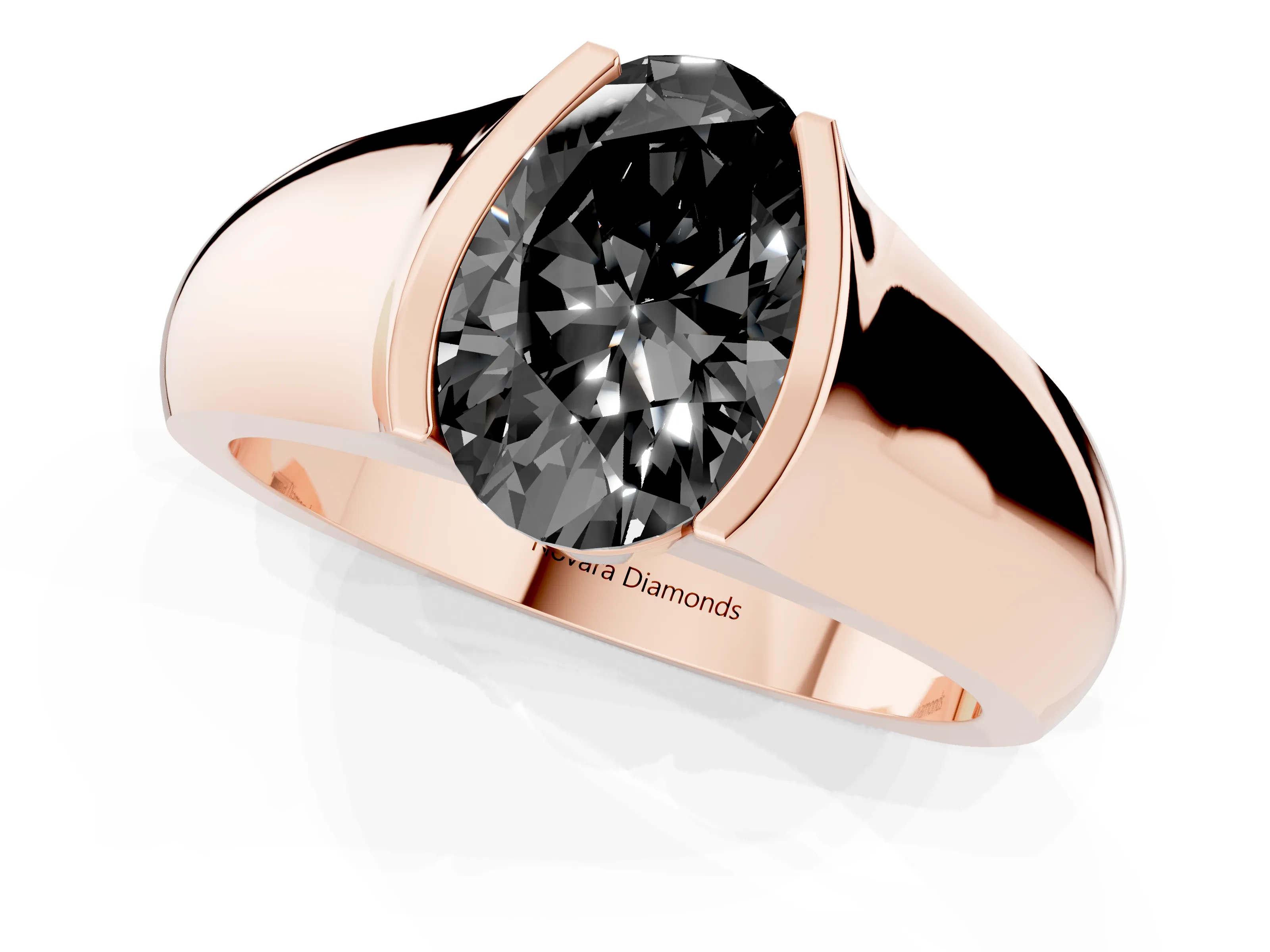 Fancy Black Oval Cut Diamond Bezel Solitaire Ring Set in Rose gold with Wide Band