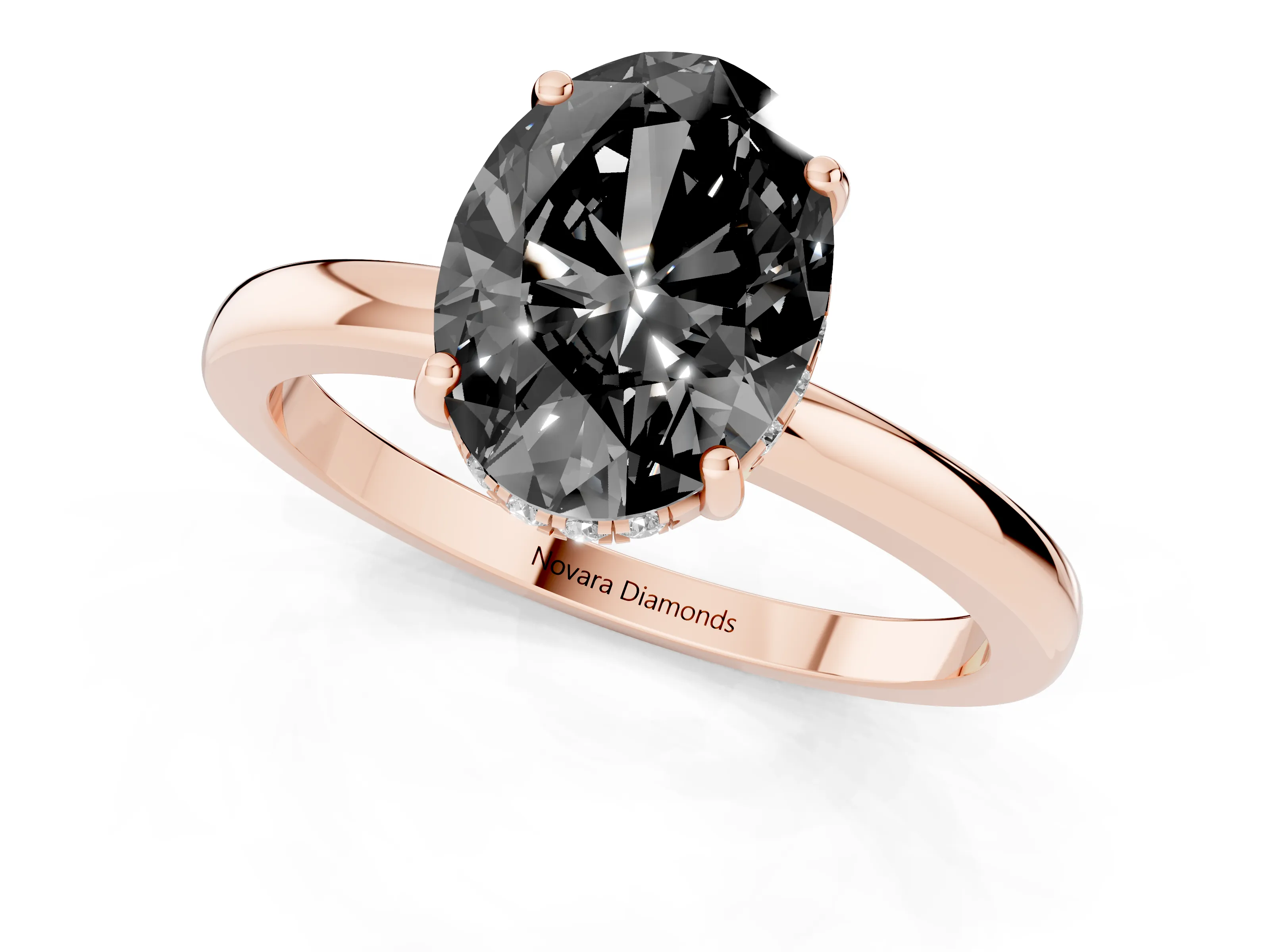 Fancy Black Oval Cut Diamond Solitaire Ring Set in Rose gold with Plain Band and Prong Setting