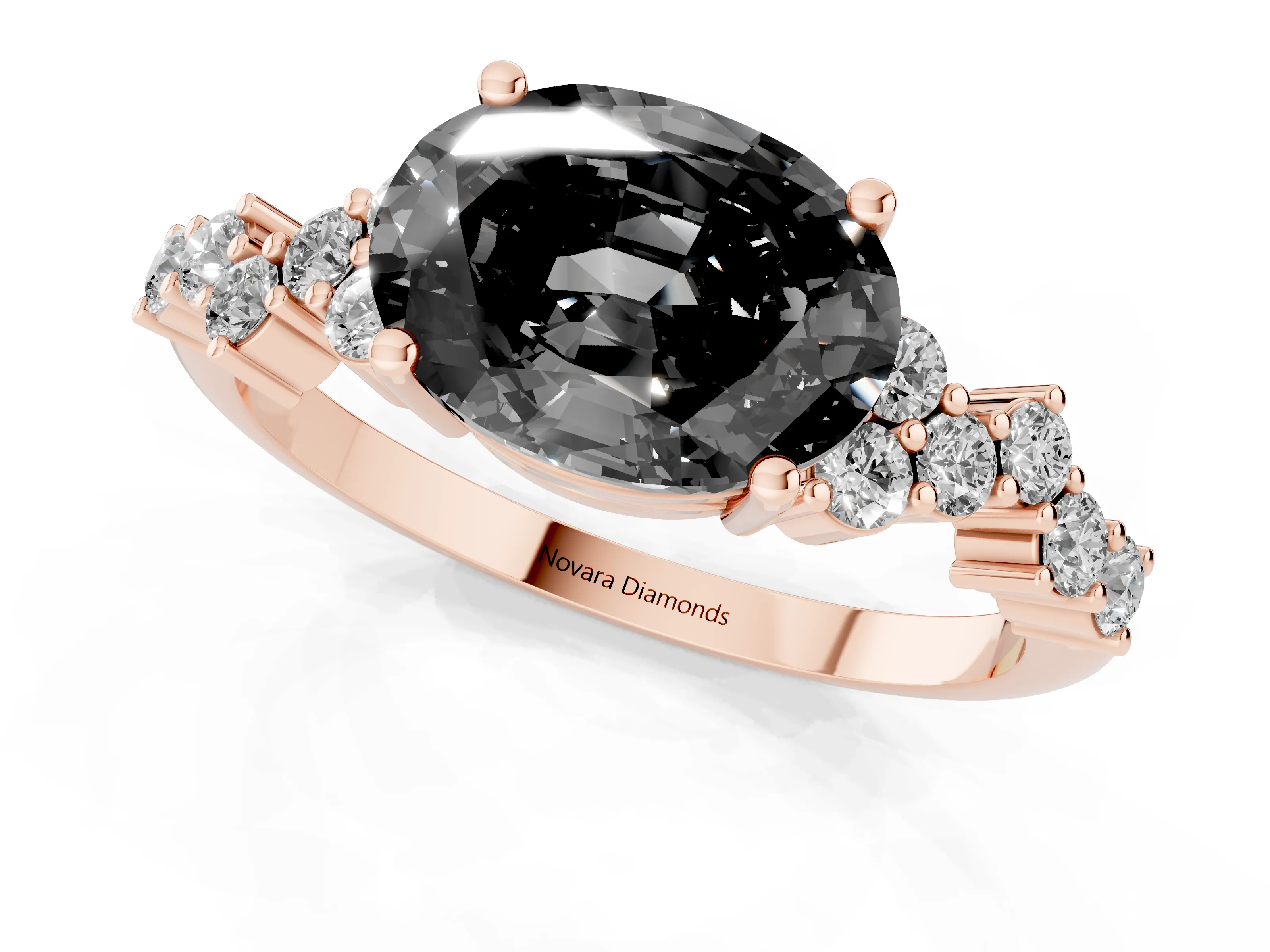 Fancy Black Oval Cut Diamond Ring Set in Rose gold with Scattered Round Accents