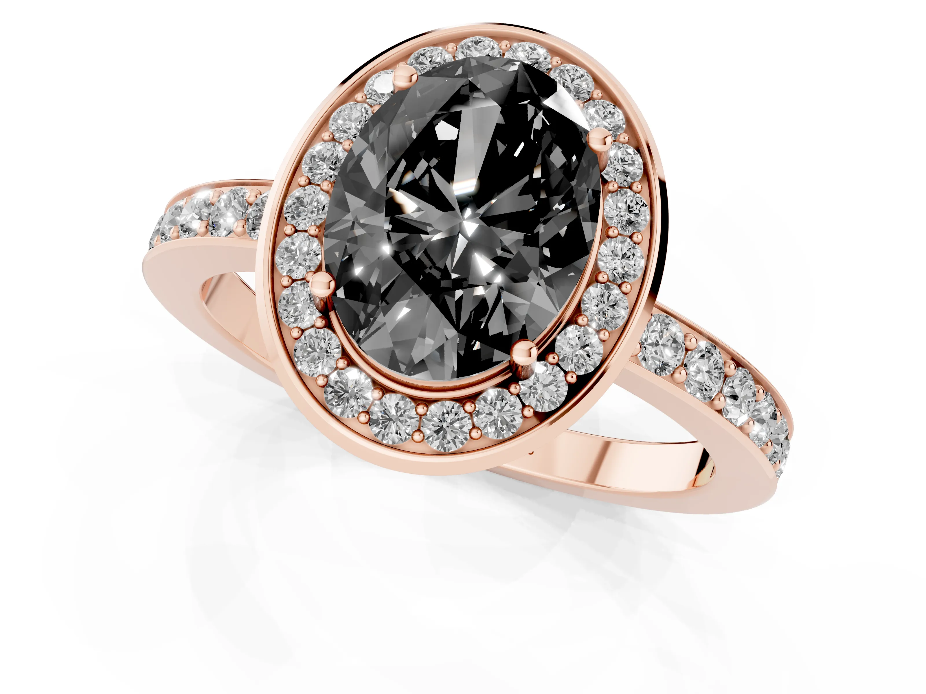 Fancy Black Oval Cut Diamond Halo Ring Set in Rose gold with Bezel Frame and Pavé Band