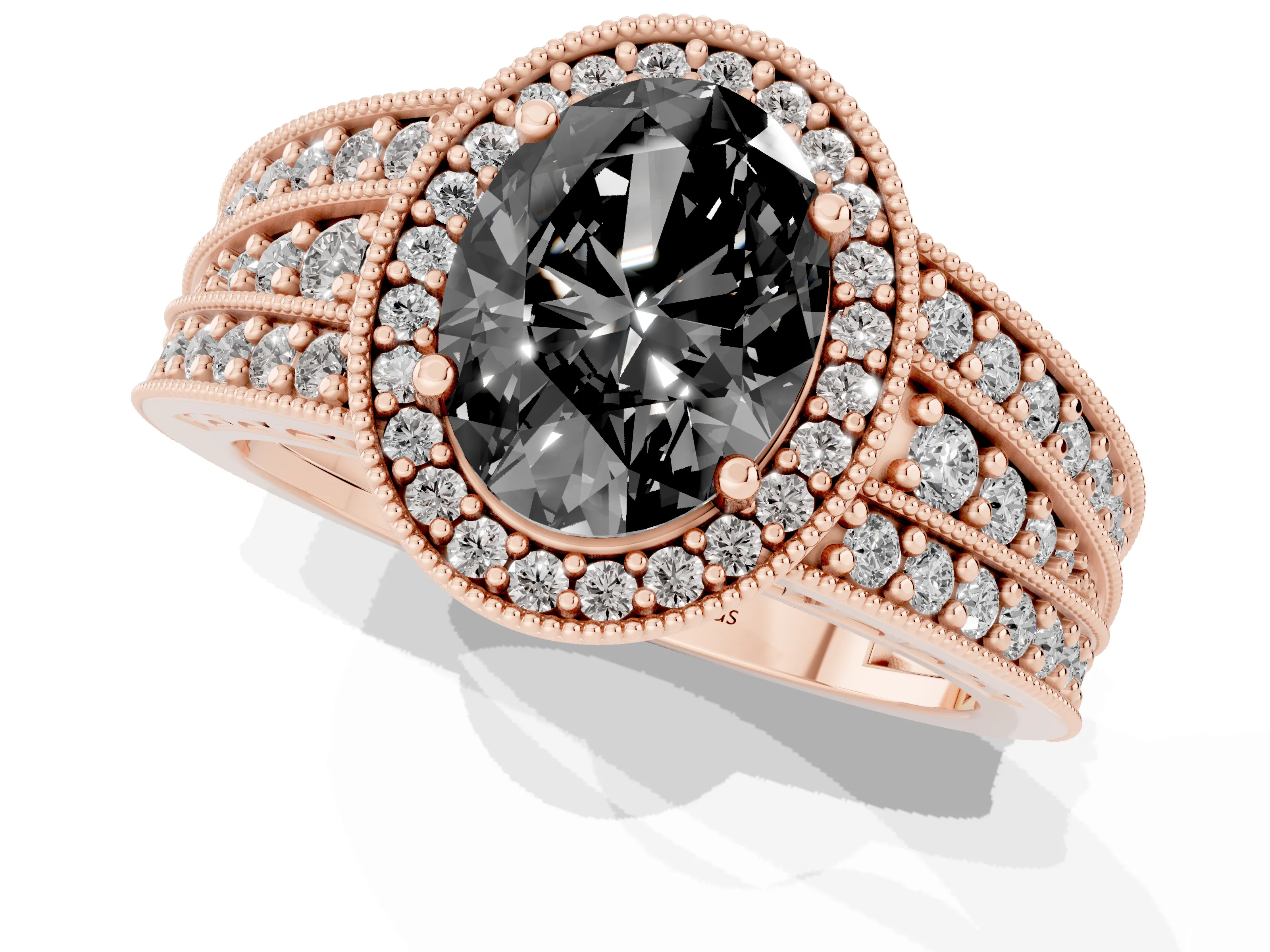 Fancy Black Oval Cut Diamond Halo Ring Set in Rose gold with Accent Split Shank and Prong Setting