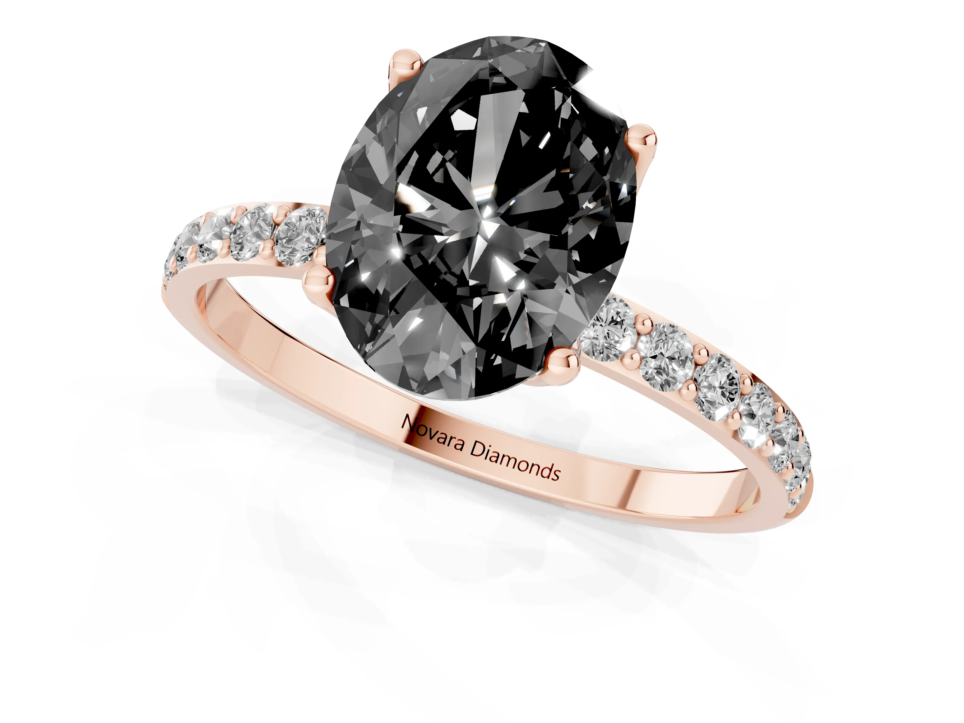 Fancy Black Oval Cut Diamond Solitaire Engagement Ring Set in Rose gold with Round Pavé Band and Prong Setting