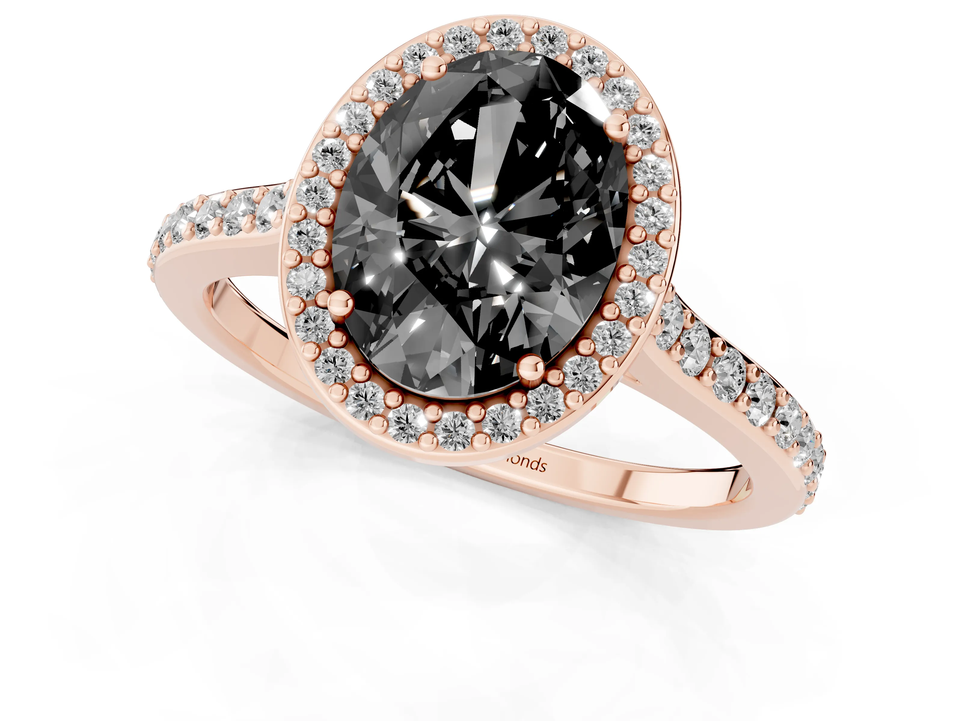 Fancy Black Oval Cut Diamond Halo Engagement Ring Set in Rose gold with Round Pavé Shoulders and Heart Gallery