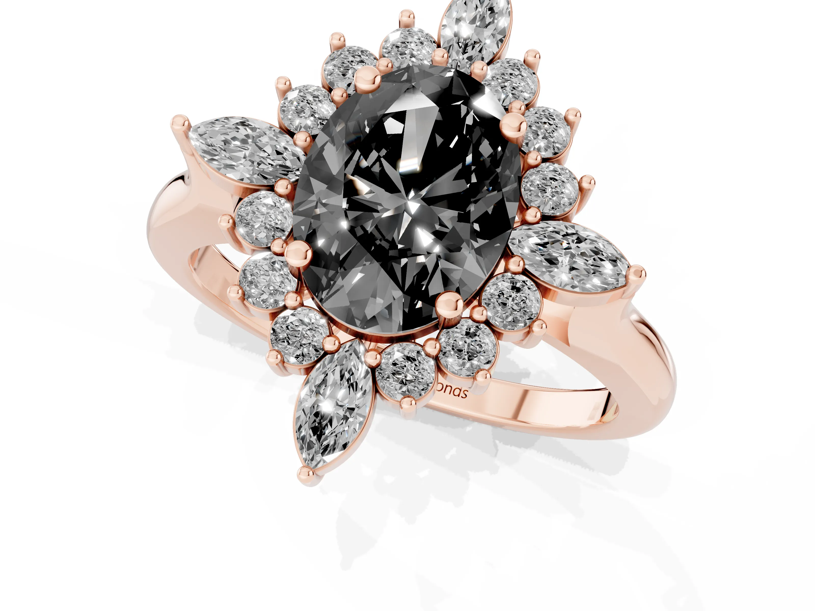 Fancy Black Oval Cut Diamond Cluster Halo Ring Set in Rose gold with Marquise and Round Accents