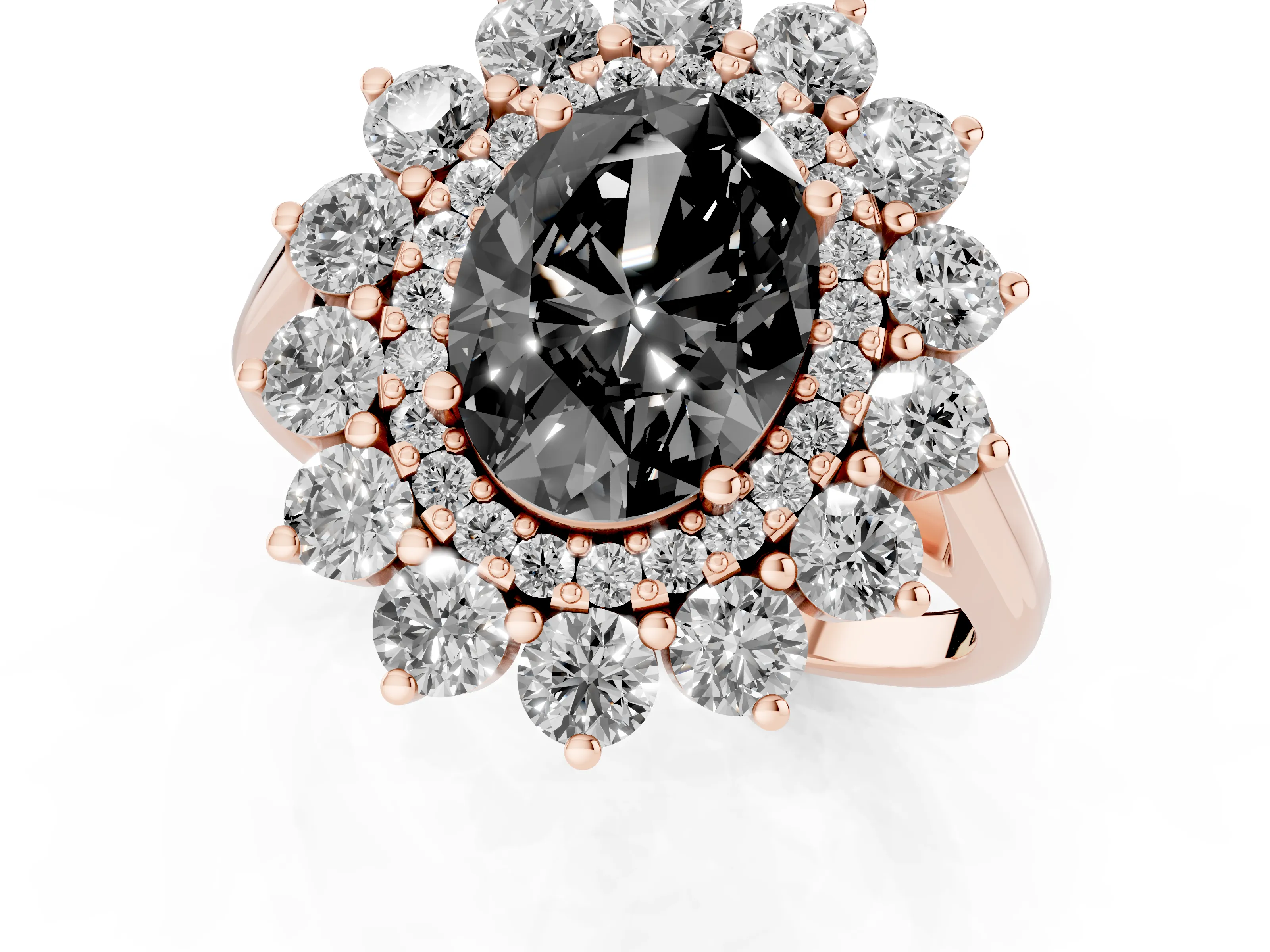 Fancy Black Oval Cut Diamond Floral Double Halo Ring Set in Rose gold with Round Petals
