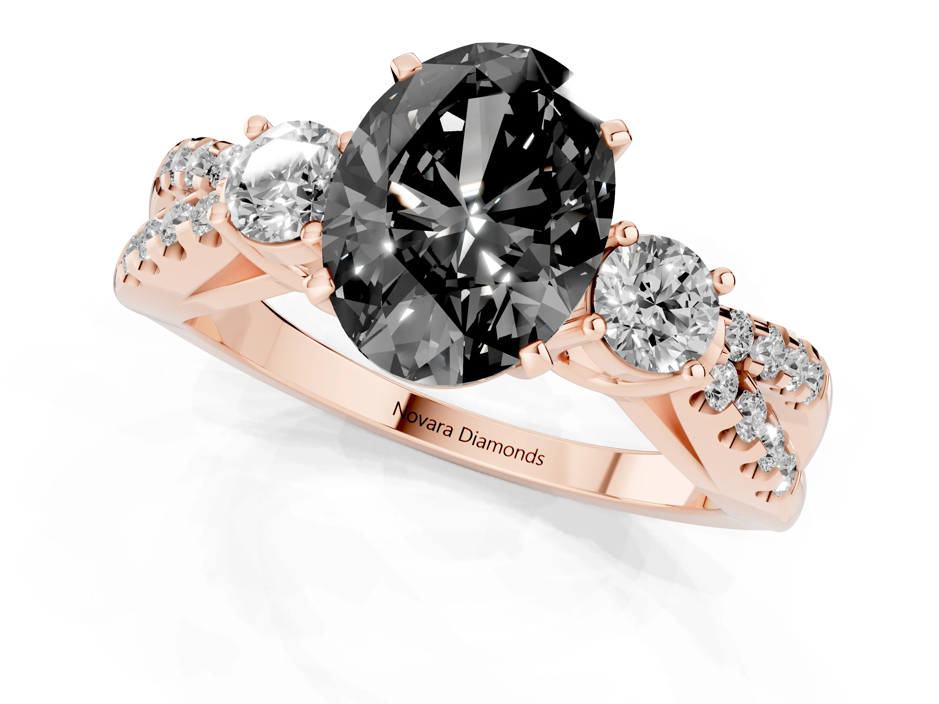 Fancy Black Oval Cut Diamond Three-Stone Ring Set in Rose gold with Pavé Split Shank and Prong Setting