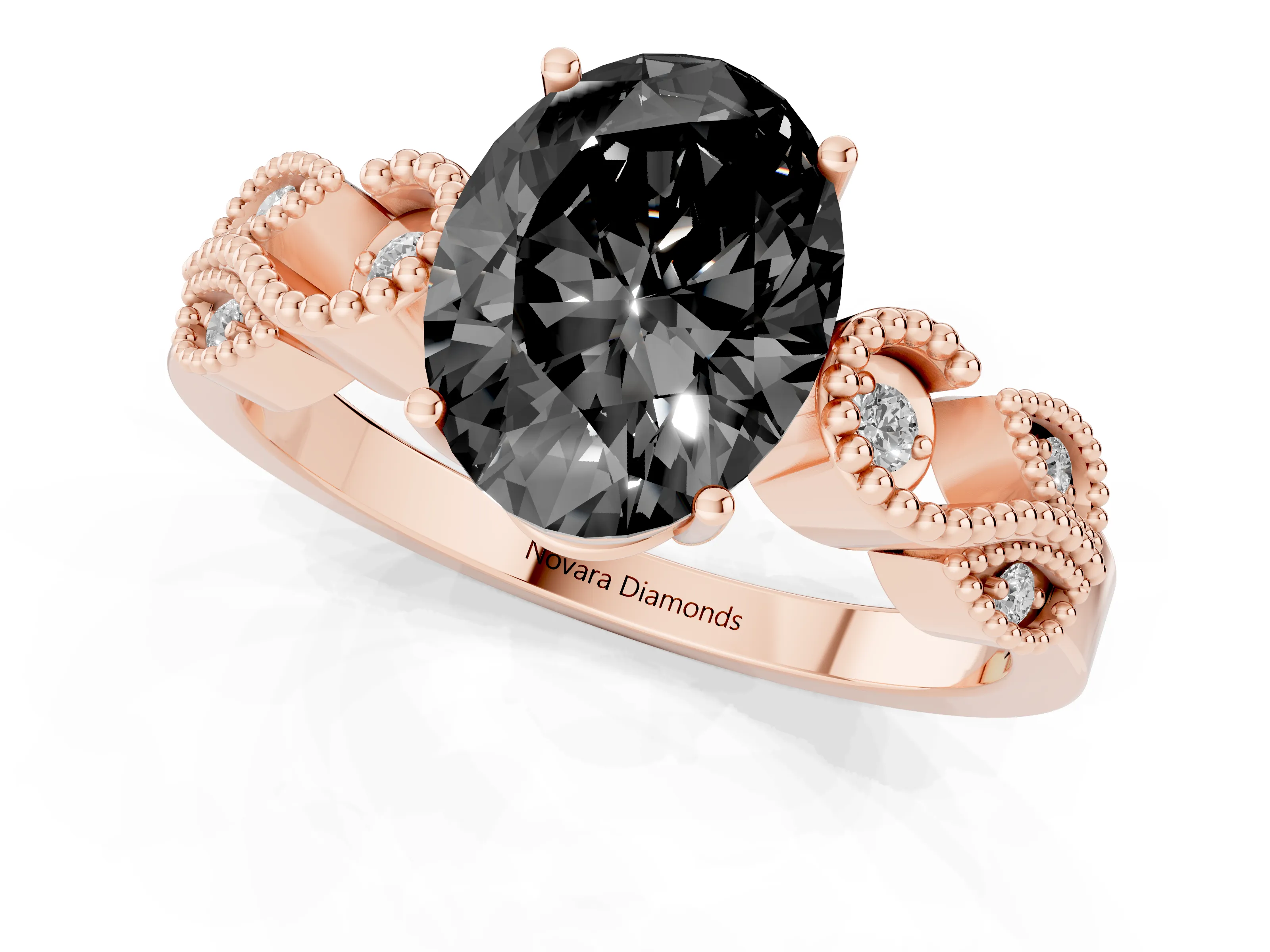 Fancy Black Oval Cut Diamond Milgrain Leaf Band Solitaire Ring Set in Rose gold with Accent Stones and Prong Setting