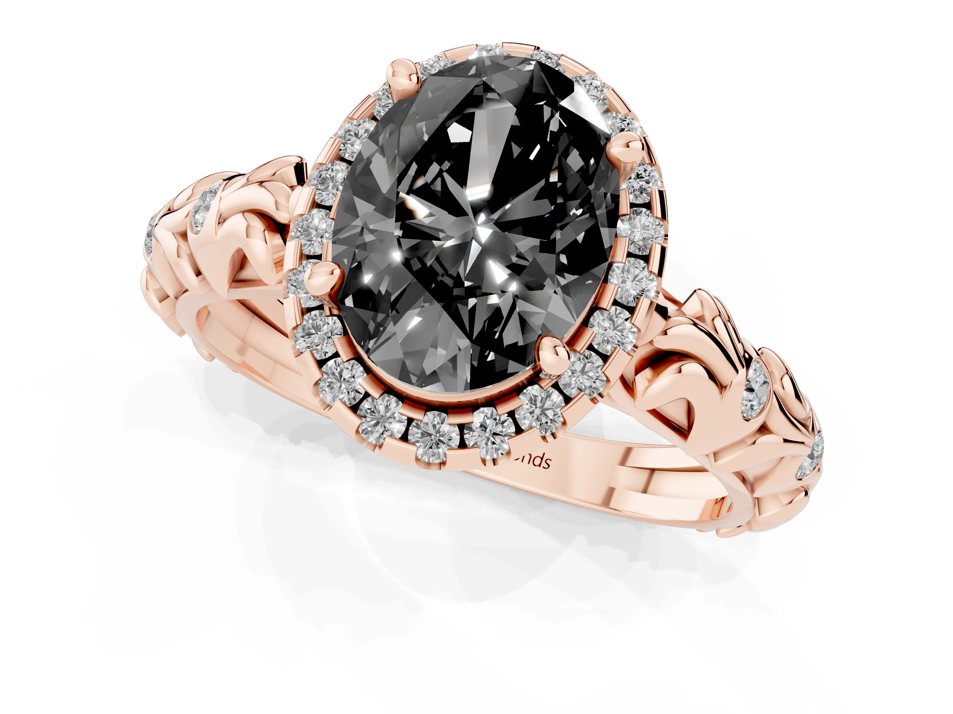 Fancy Black Oval Cut Diamond Halo Ring Set in Rose gold with Filigree Leaf Band and Prong Setting