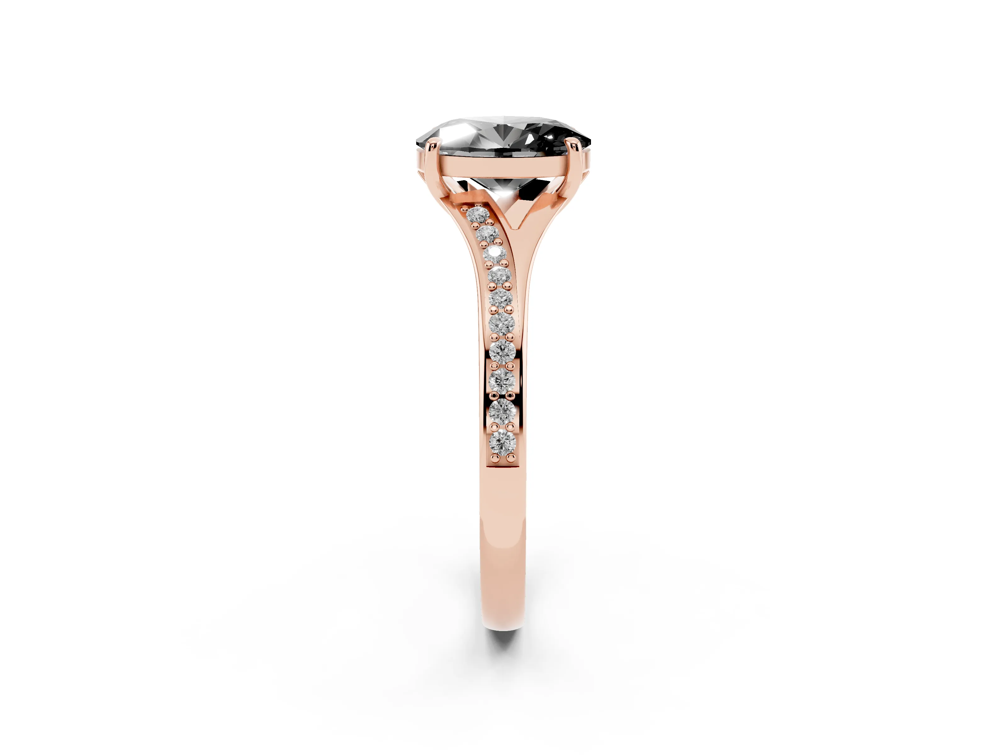 Fancy Black Oval Cut Diamond Solitaire Ring Set in Rose gold with Pavé Accent Band and Classic Prong Setting