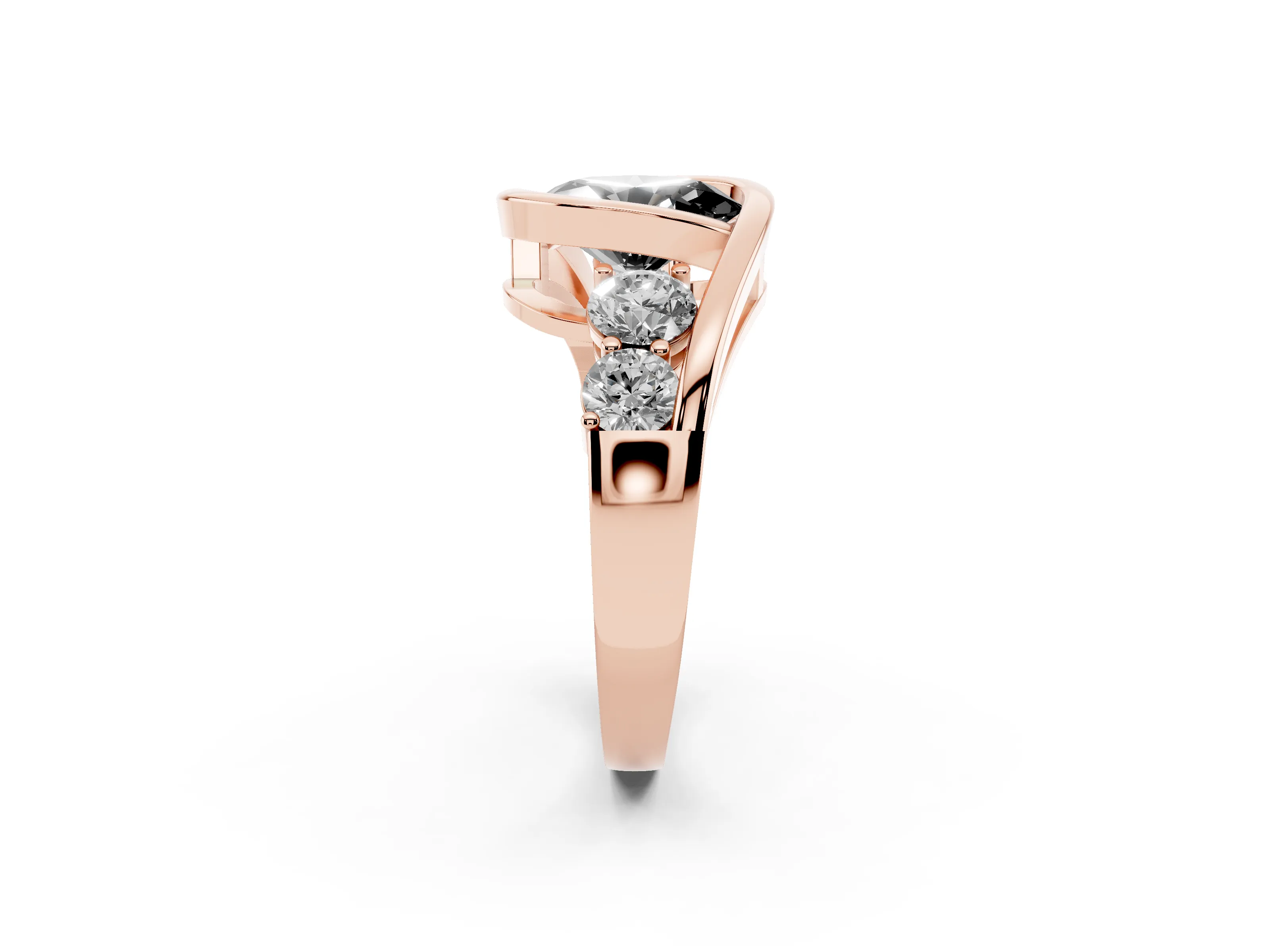 Fancy Black Oval Cut Diamond Bezel Bypass Ring Set in Rose gold with Round Accents