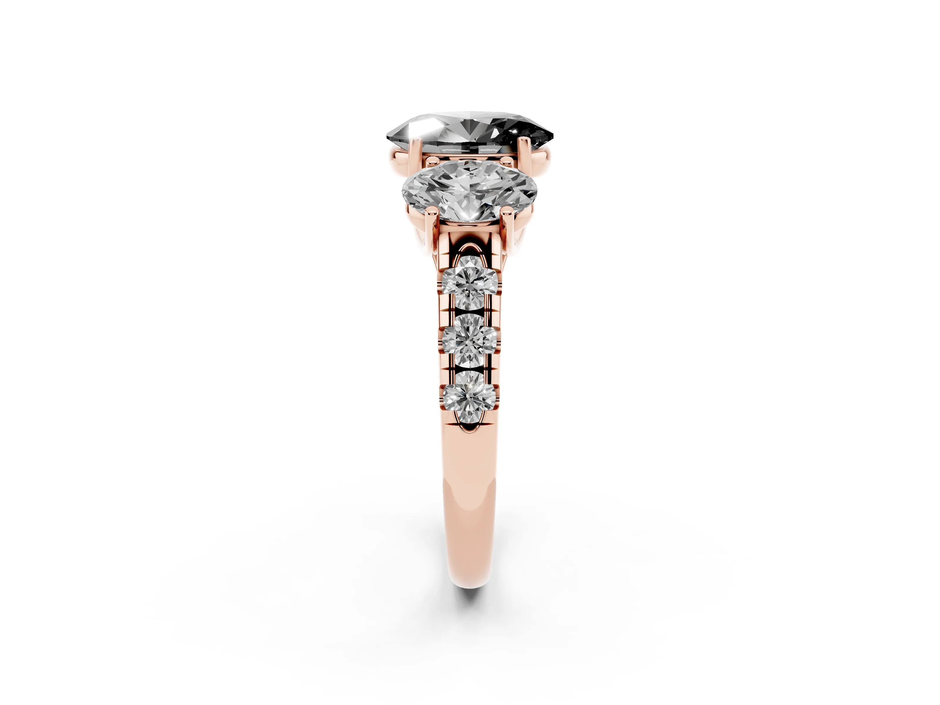 Fancy Black Oval Cut Diamond Three-Stone Ring Set in Rose gold with Pavé Band