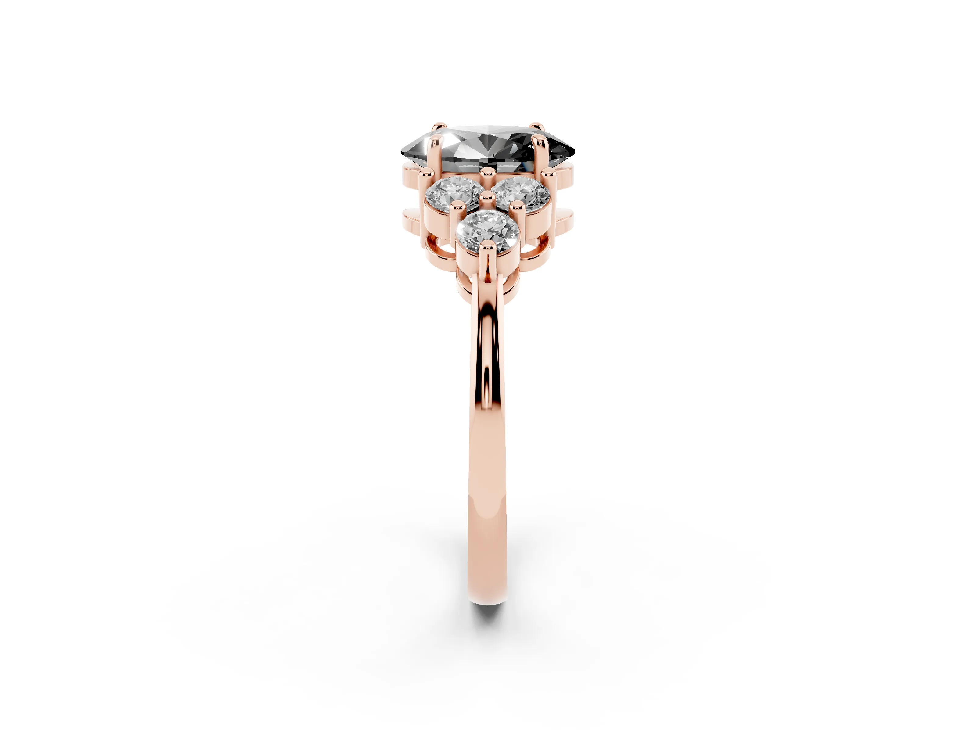Fancy Black Oval Cut Diamond Solitaire Ring Set in Rose gold with Cluster Accents on Each Side
