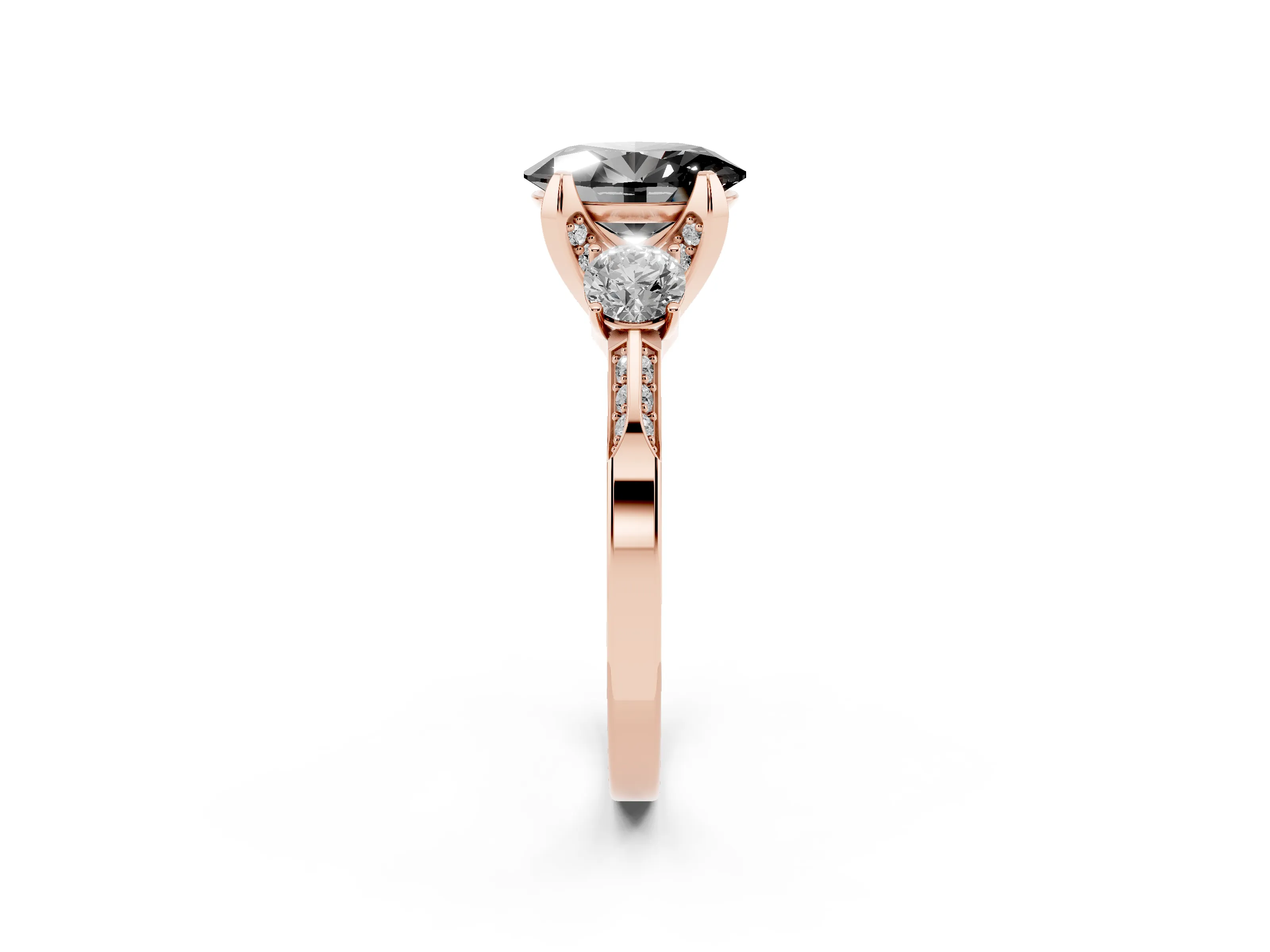 Fancy Black Oval Cut Diamond Three-Stone Ring Set in Rose gold with Pavé Band and Smaller Side Stones