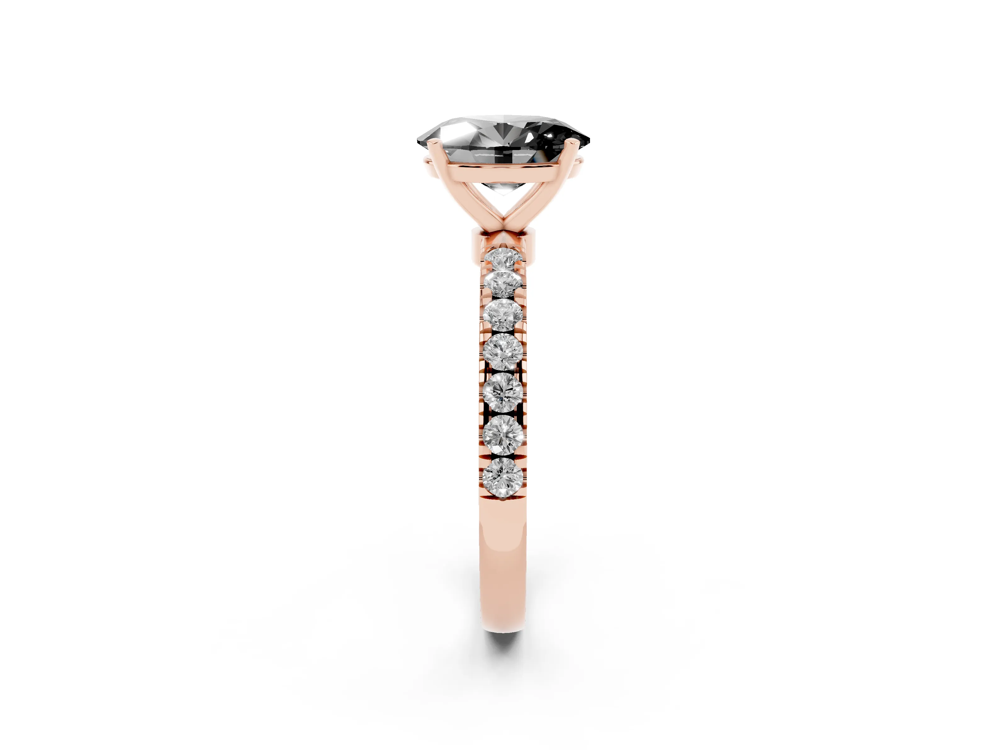Fancy Black Oval Cut Diamond Solitaire Ring Set in Rose gold with Pavé Accents and Prong Setting