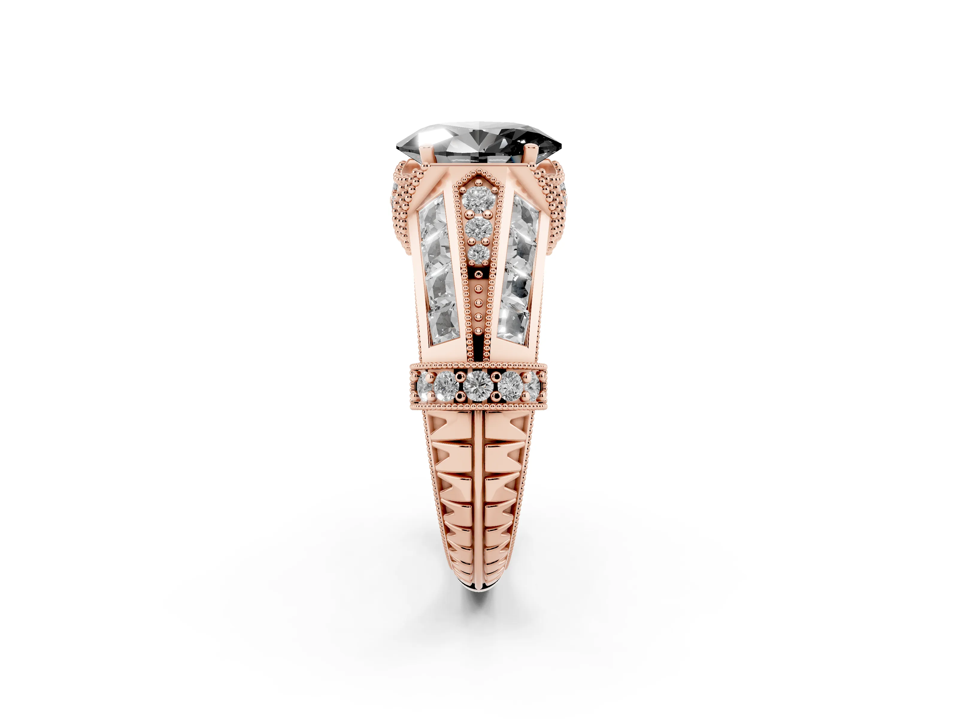 Fancy Black Oval Cut Diamond Vintage-Inspired Milgrain Ring Set in Rose gold with Accent Split Shank